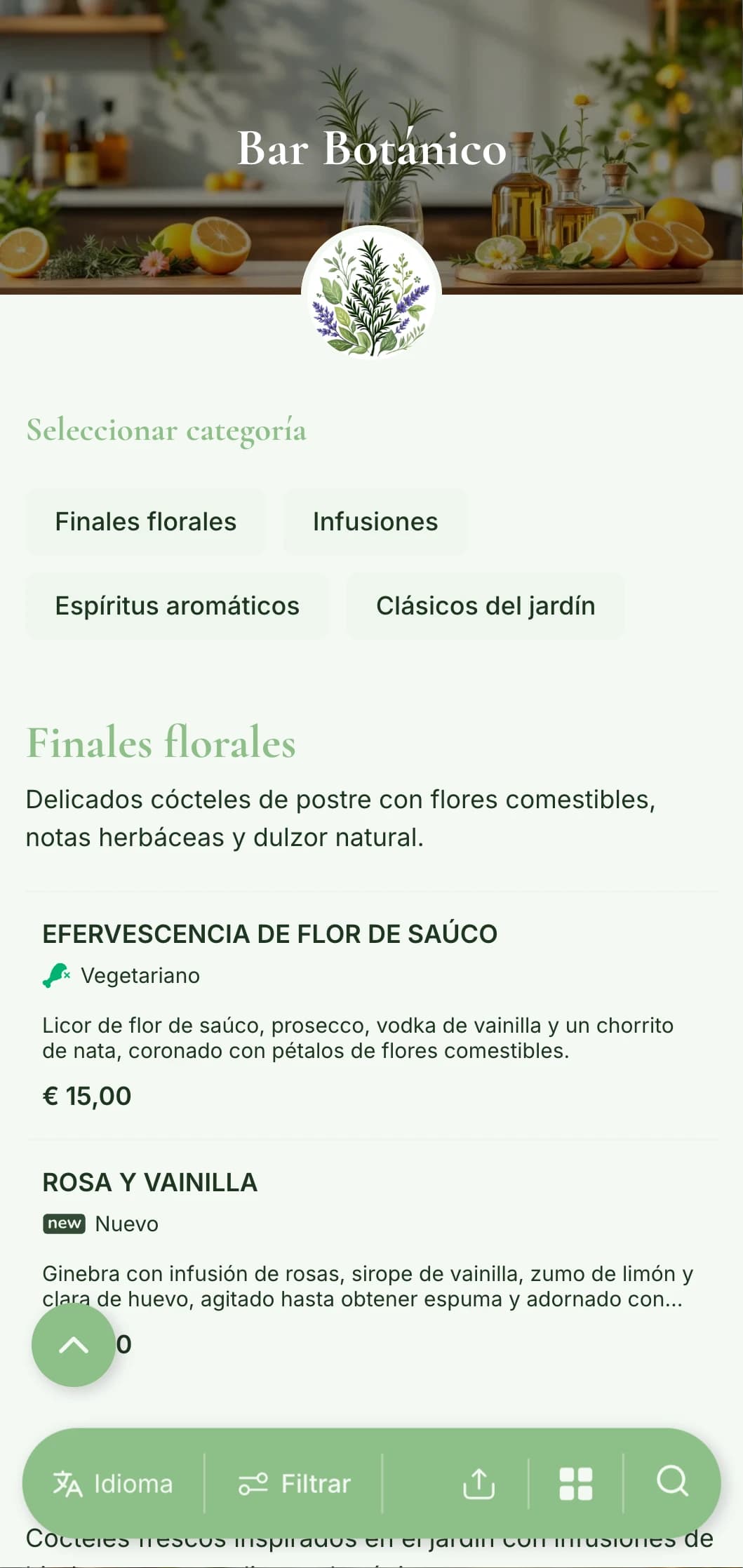 Un diseño de menú fresco e inspirado en el jardín para bares especializados en cócteles con hierbas y botánicos.
