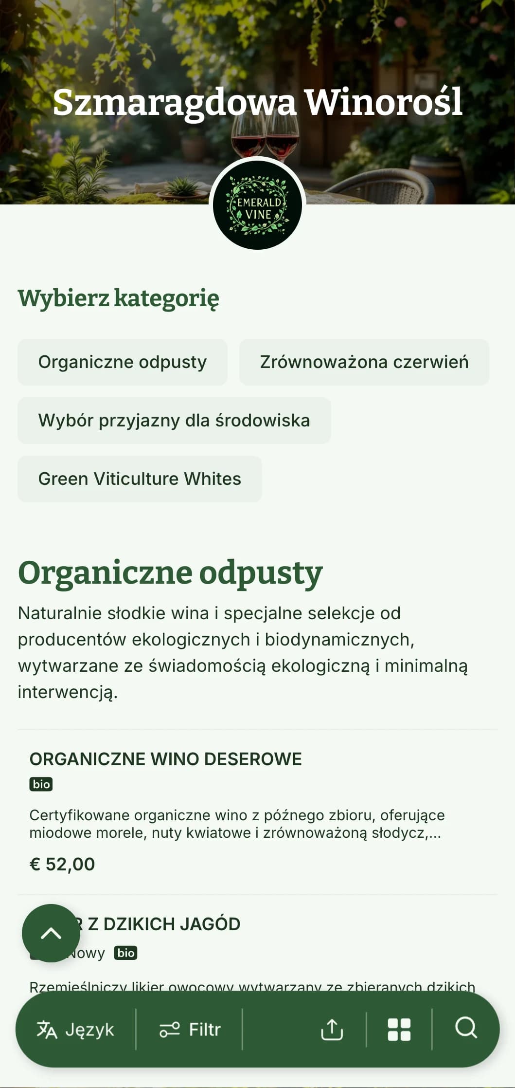 Bujny zielony szablon karty win z elementami botanicznymi i naturalnymi teksturami, idealny do selekcji win organicznych i restauracji ogrodowych.