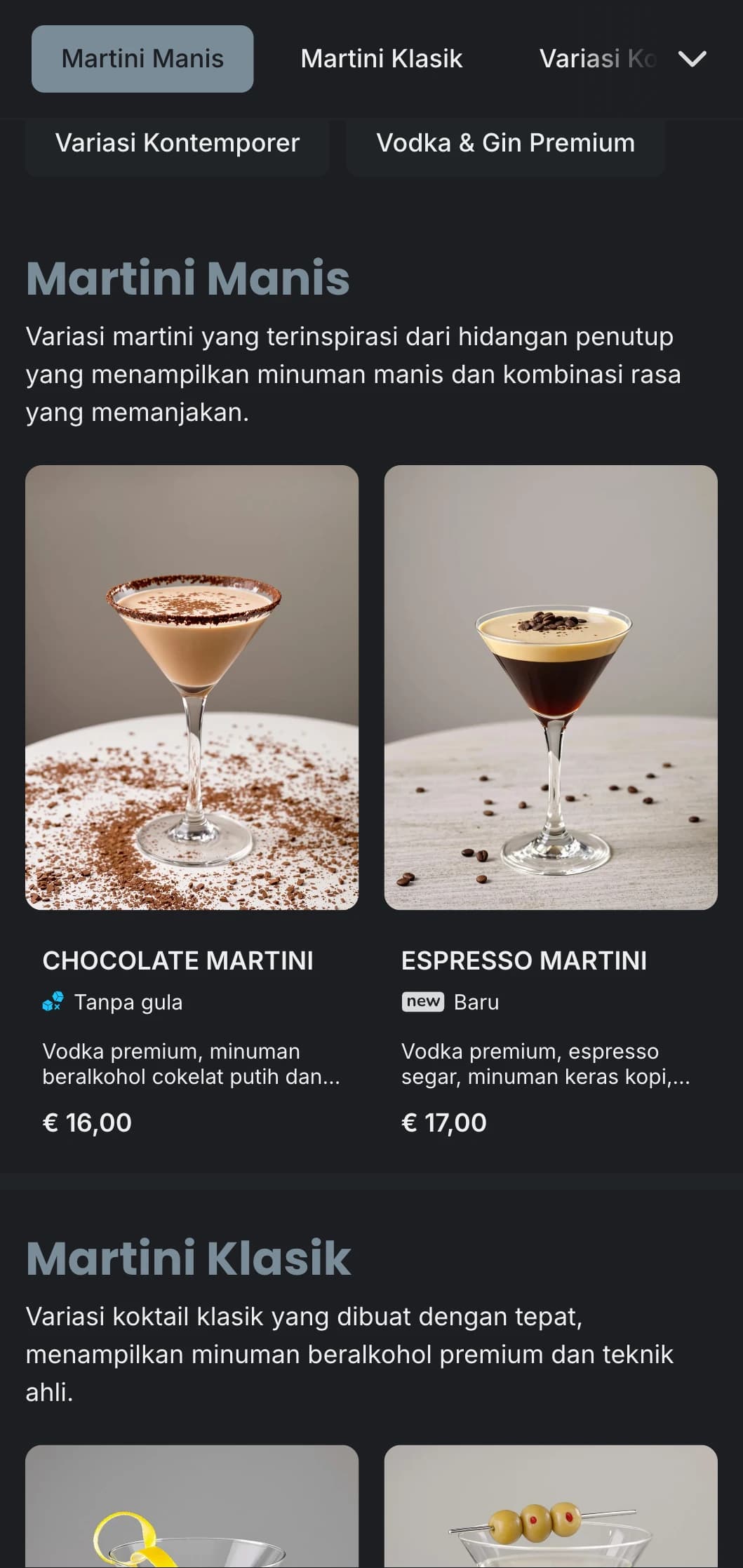 Desain menu urban yang canggih untuk bar dan lounge martini dengan tipografi yang ramping dan warna abu-abu yang sejuk.