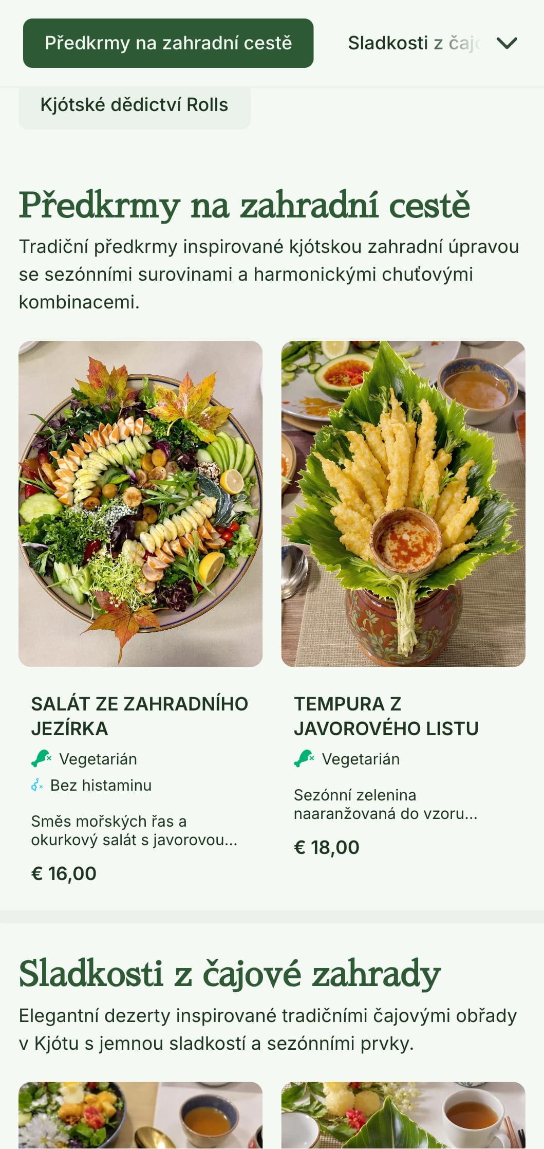 Tradiční sushi menu inspirované japonskou zahradou s klidnými zelenými tóny a klasickými prvky.