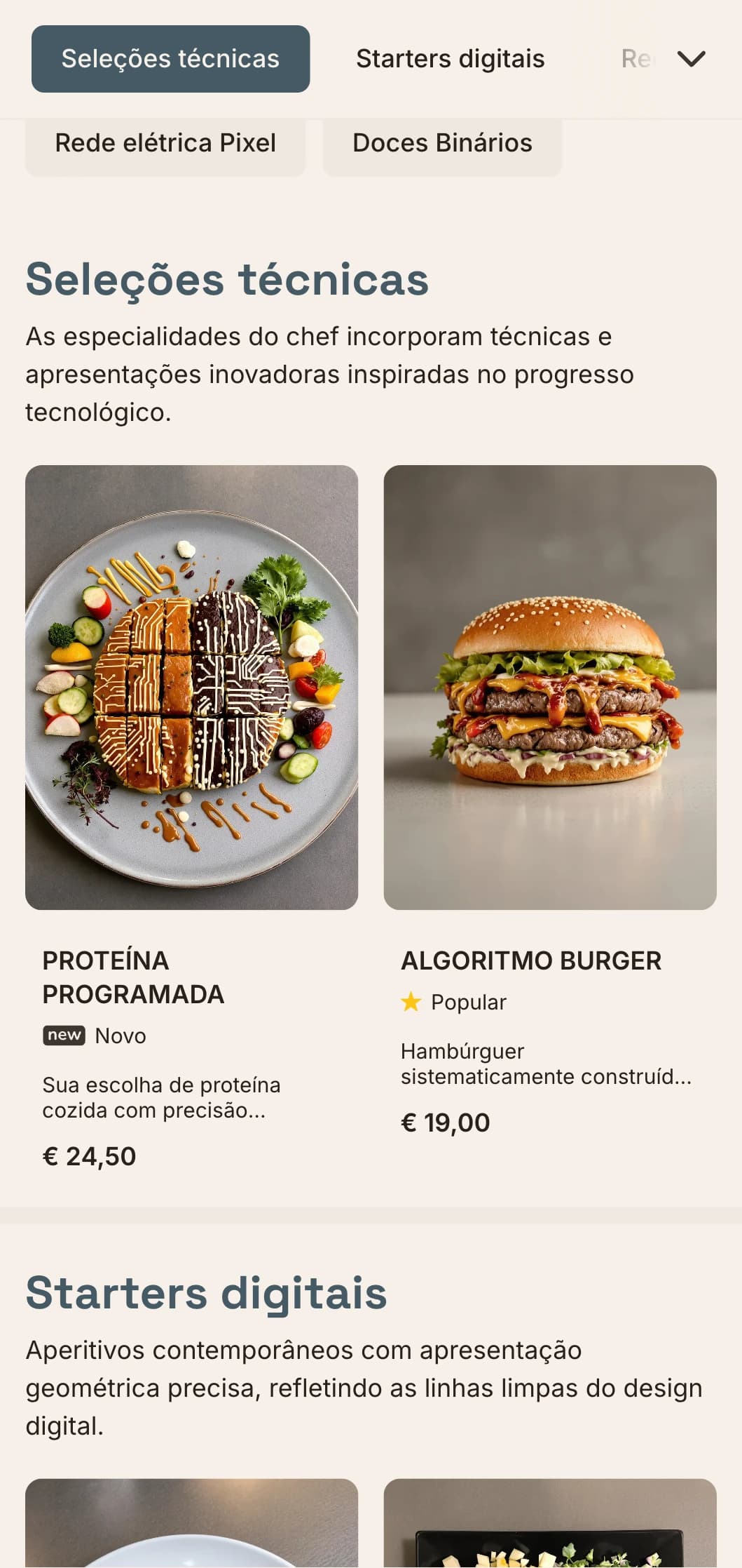 Design de cardápio de almoço de inspiração digital com estética tecnológica e layout de grade preciso, perfeito para restaurantes em distritos de inovação e próximos a empresas de tecnologia.