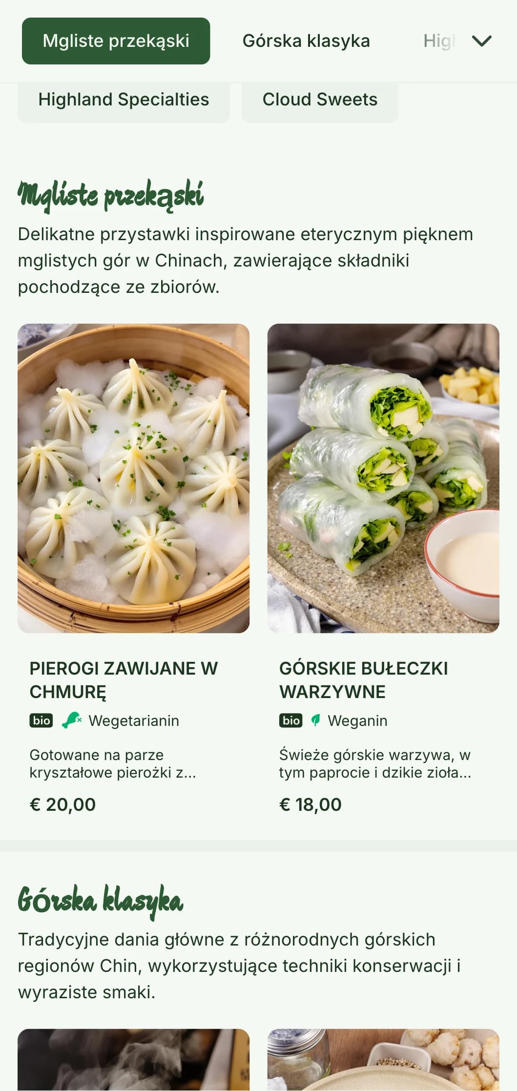 Spokojny projekt chińskiego menu inspirowany górskimi krajobrazami i mglistą estetyką dla restauracji koncentrujących się na kuchni regionalnej.