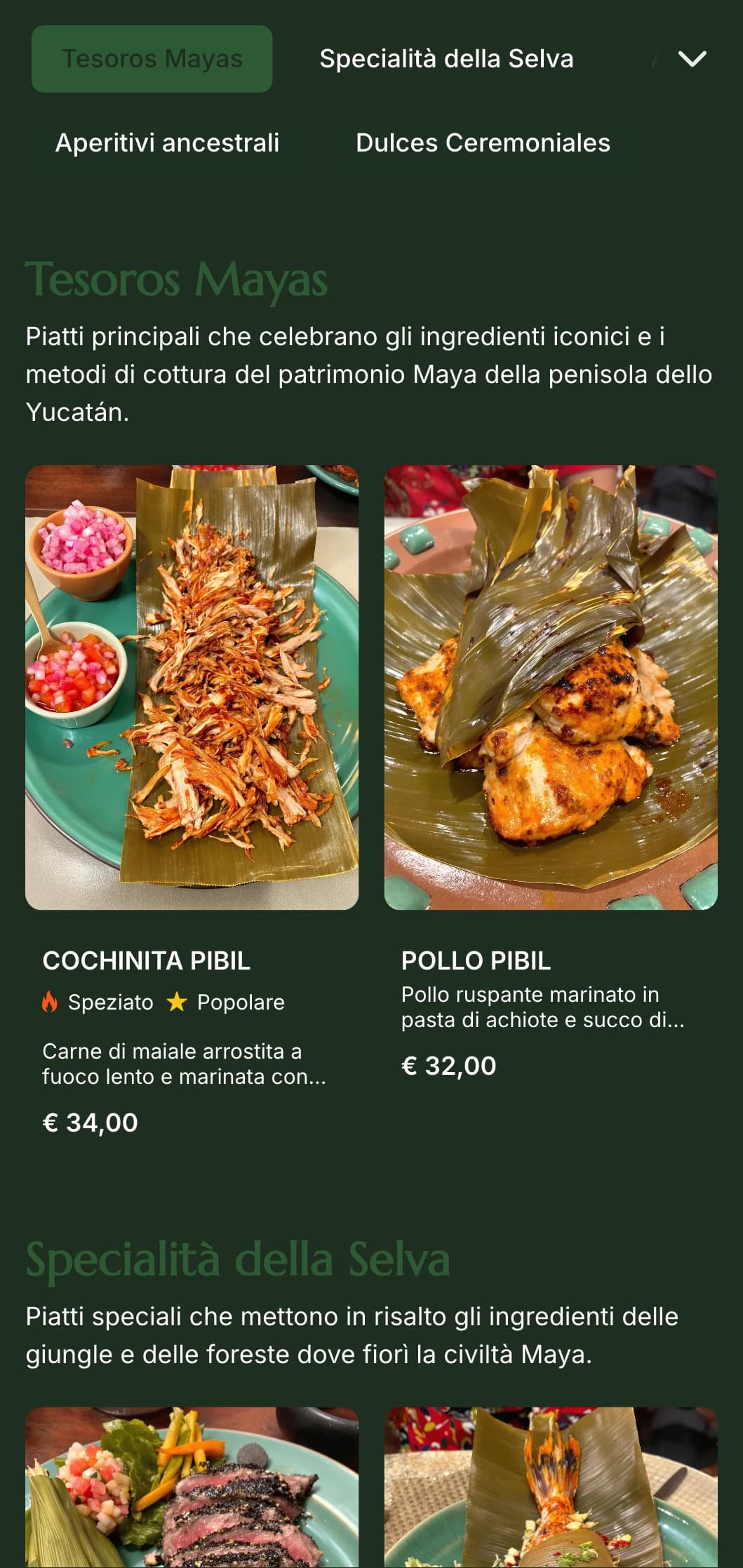 Menù misterioso ed elegante ispirato alla cultura Maya con accenti verde giada, simbolismi antichi e specialità della penisola dello Yucatán.