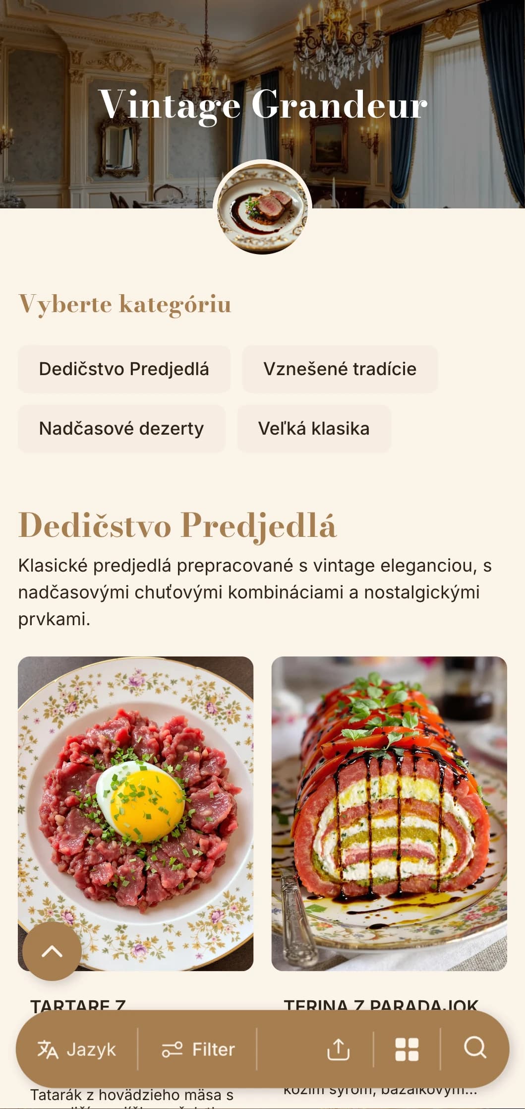 Nostalgická sofistikovanosť s typografiou a farebnou paletou inšpirovanou starými časmi je ideálna pre zariadenia s historickým charakterom.
