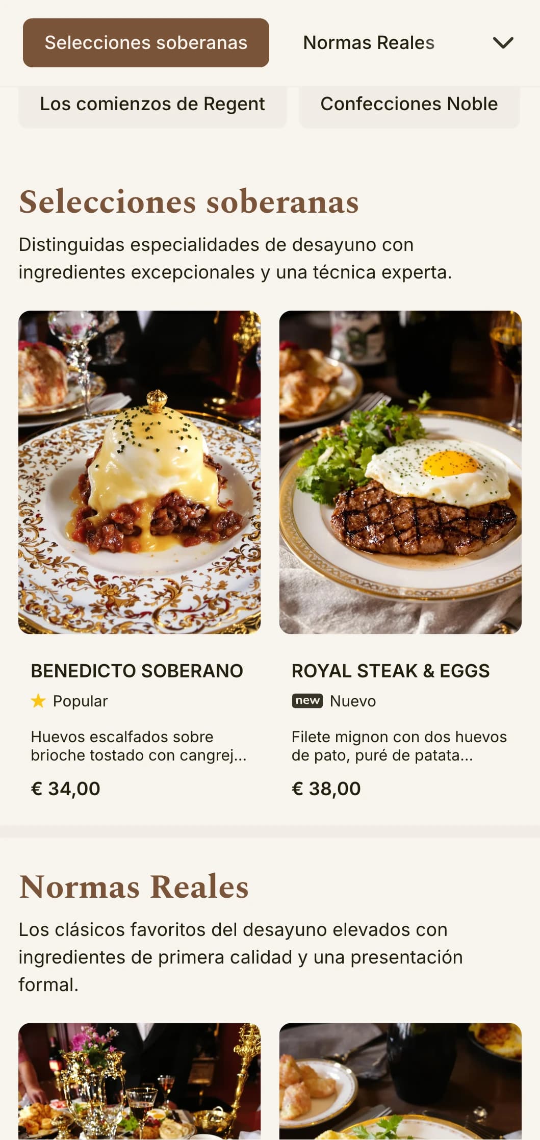 Sofisticados platos matinales inspirados en las cenas de los hoteles de lujo, presentados con elegante formalidad e ingredientes de primera calidad.