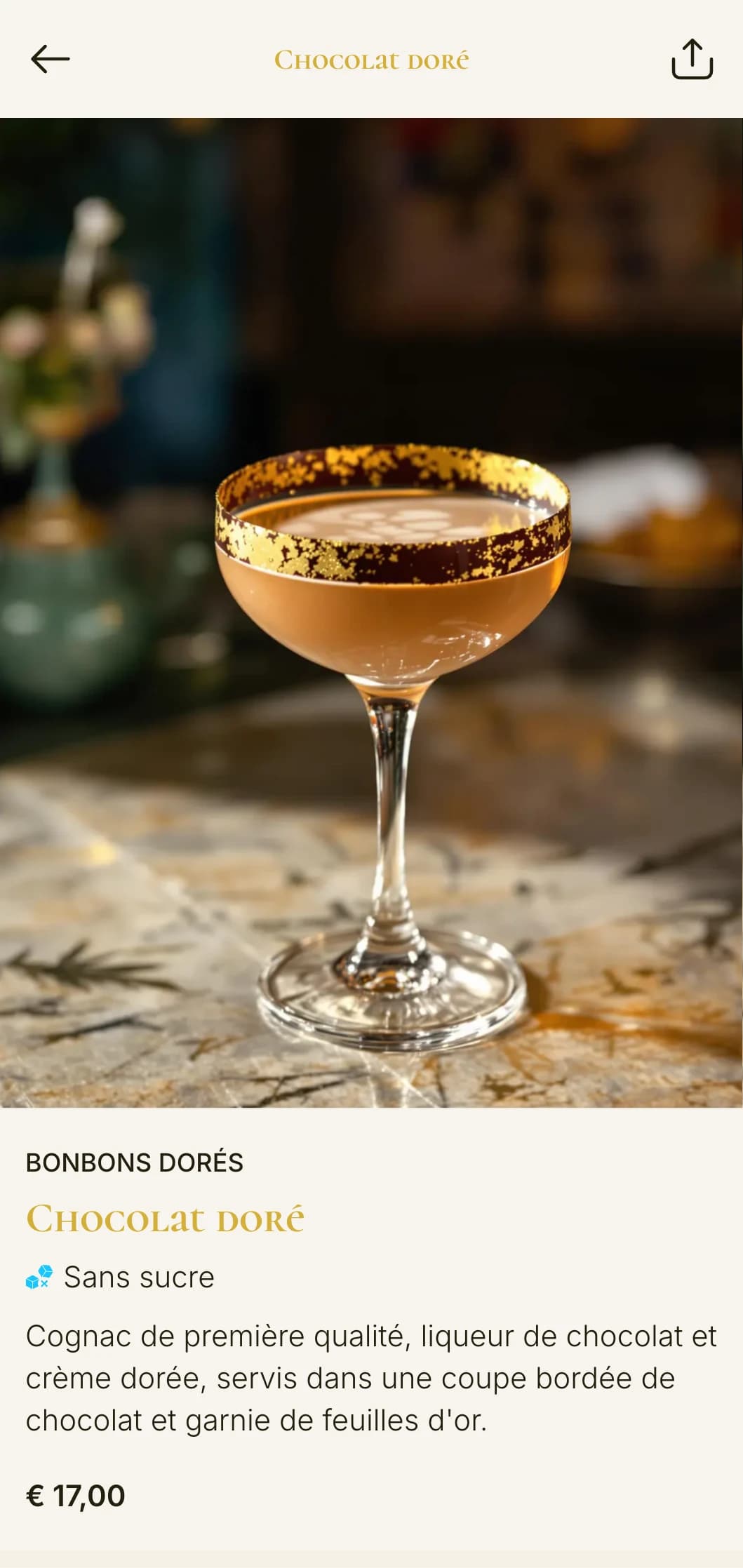 Un design luxueux, inspiré des années 1920, pour les bars à cocktails haut de gamme, avec des accents dorés et une élégante typographie vintage.