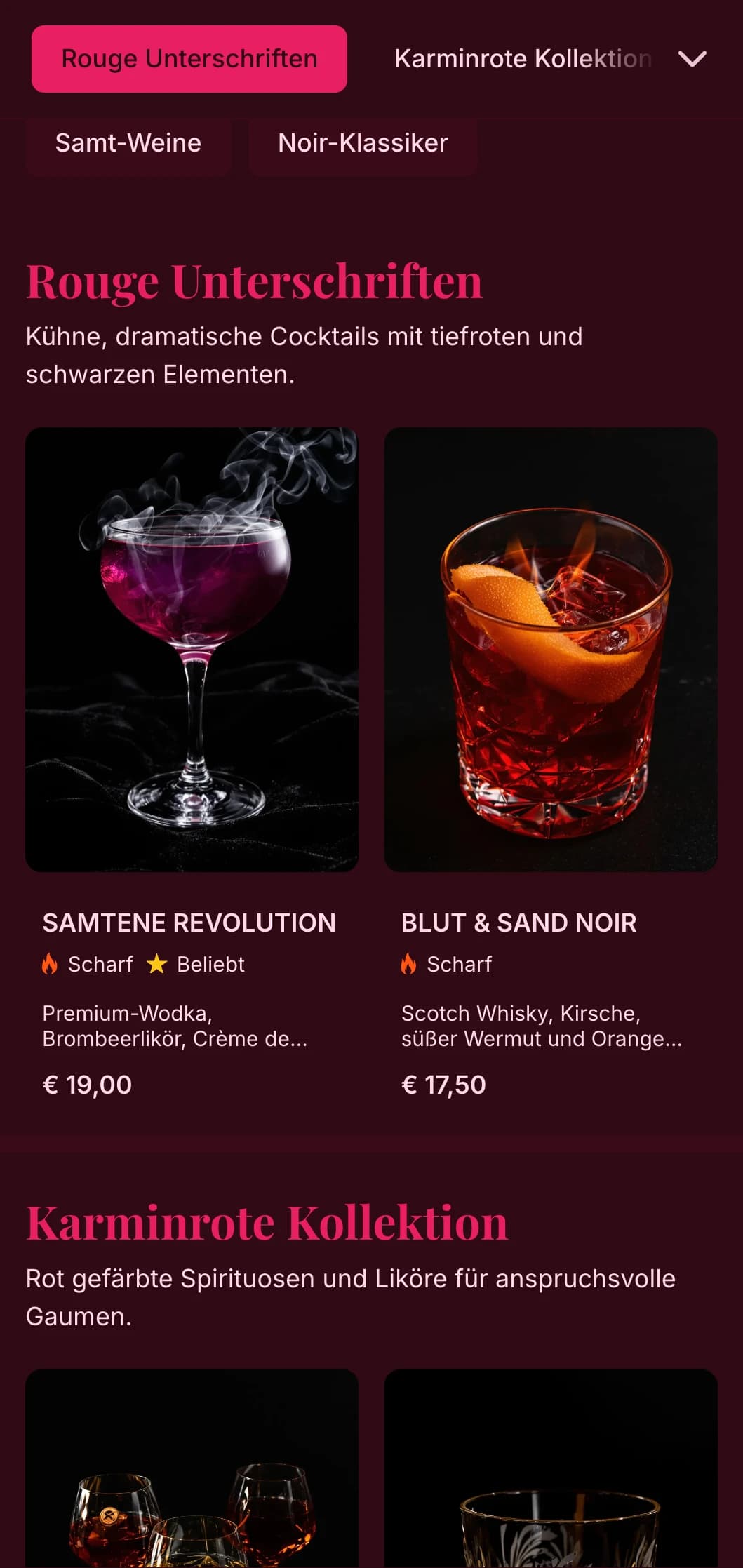 Kühnes schwarzes und rotes Design mit luxuriösen Texturen für dramatische Cocktail-Erlebnisse.