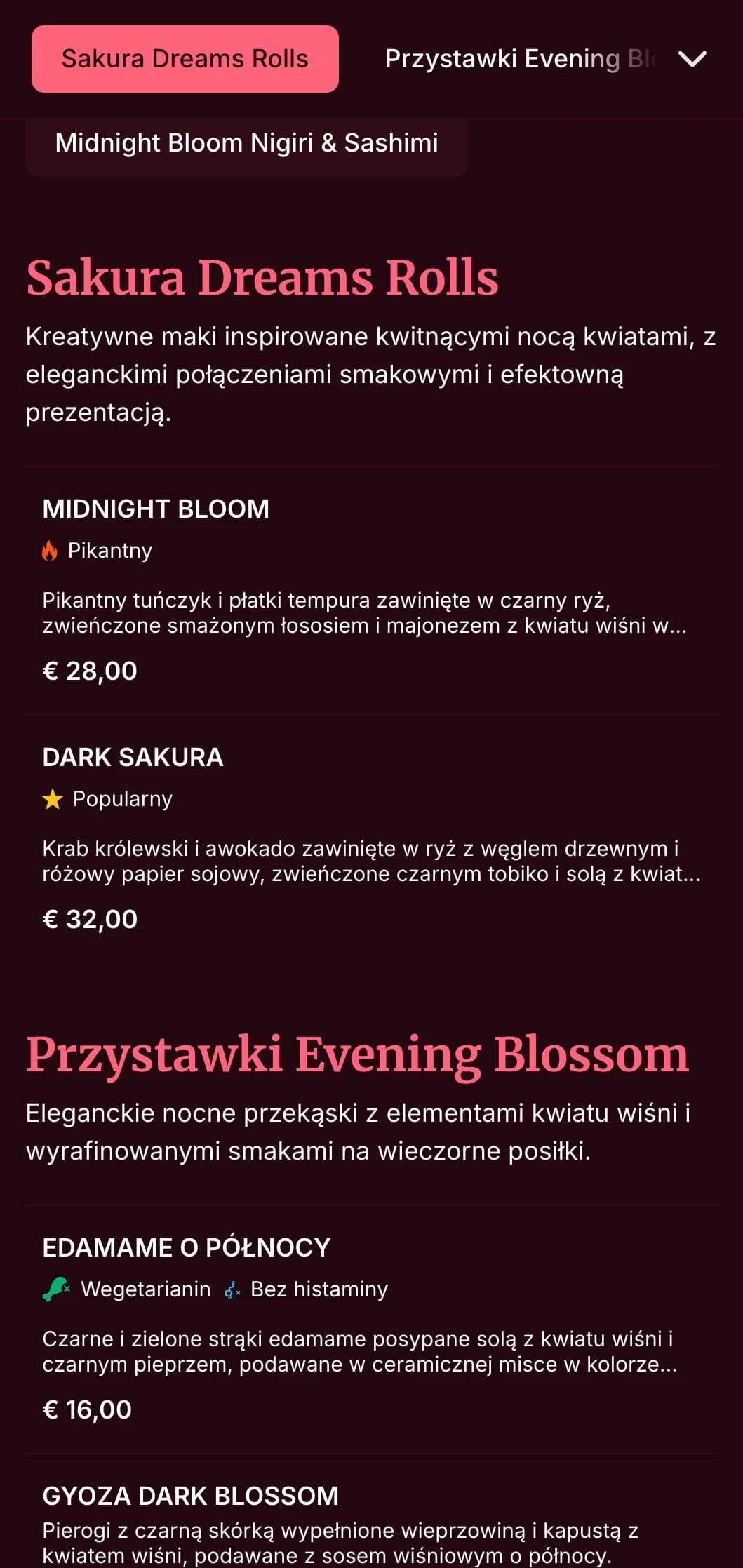 Eleganckie wieczorne sushi z dramatycznymi motywami kwiatu wiśni na tle głębokiego burgundu dla ekskluzywnych posiłków.