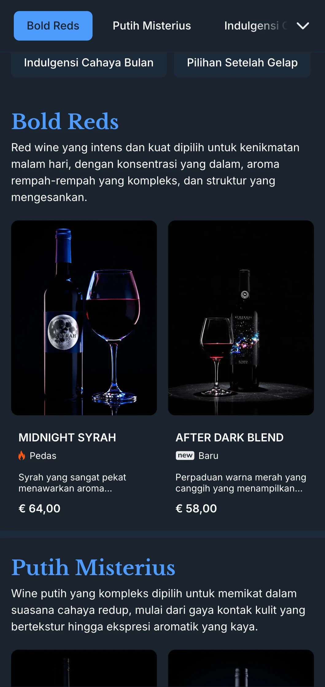 Templat daftar anggur yang sangat atmosferis dengan aksen biru elektrik dengan latar belakang tengah malam, ideal untuk tempat hiburan malam dan pengalaman anggur eksklusif.