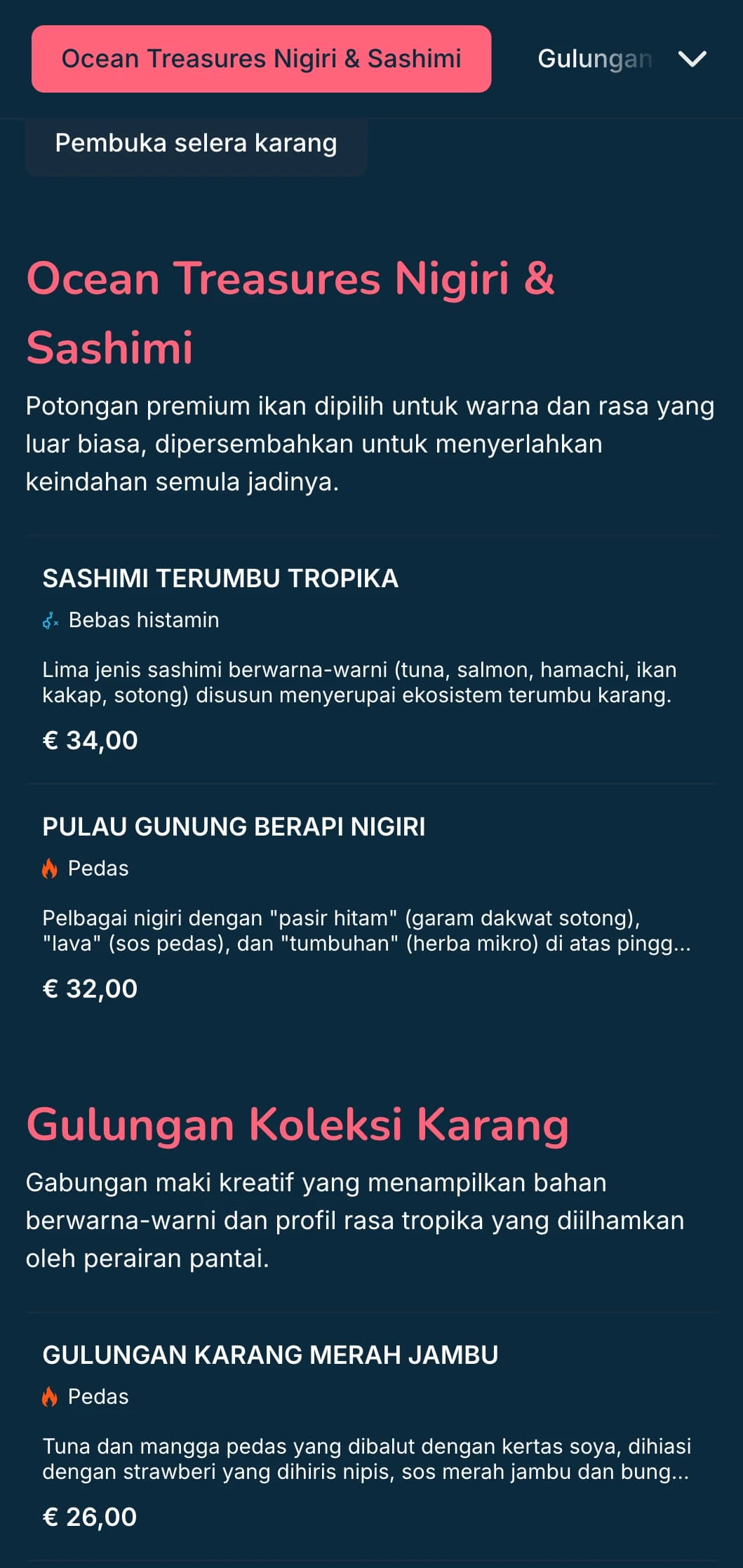 Menu sushi berinspirasikan lautan meriah yang menampilkan aksen merah jambu karang dengan latar belakang biru tua, sesuai untuk pakar makanan laut.