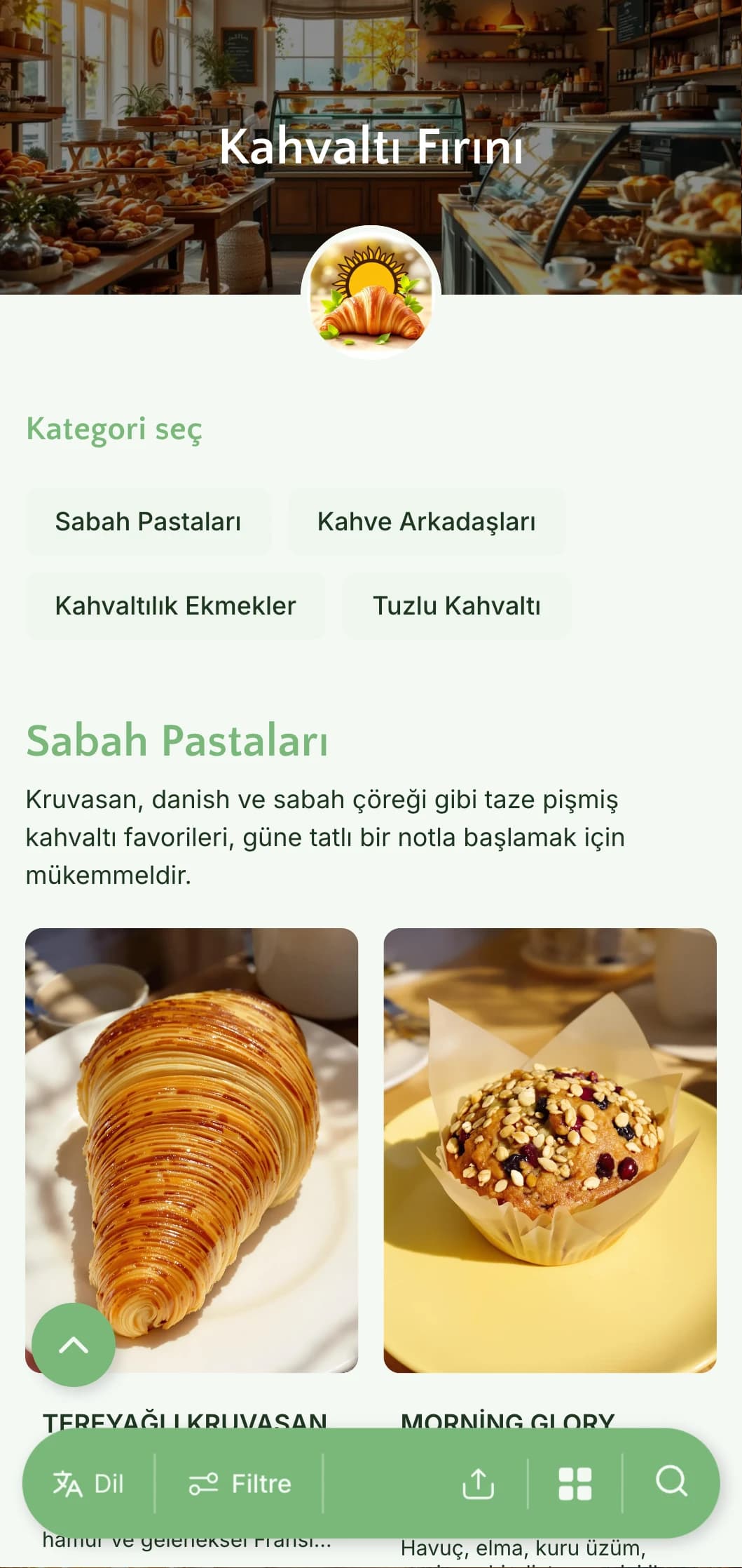 Kahvaltı odaklı fırınlar ve sabah kafeleri için mükemmel olan, taze yeşil tonları ve temiz tipografisi ile parlak, sabahtan ilham alan bir fırın menüsü tasarımı.