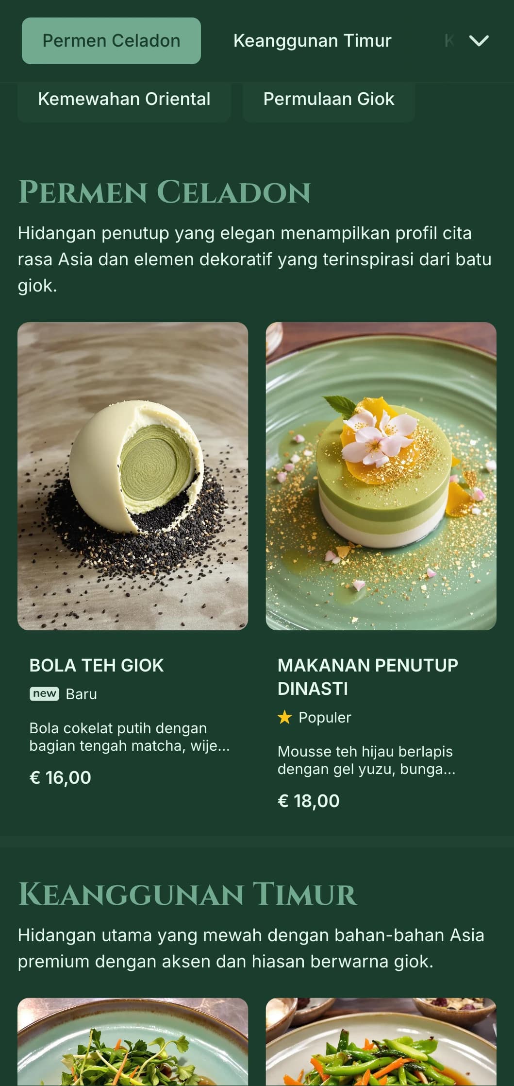 Konsep canggih yang terinspirasi dari Asia yang menampilkan warna hijau giok dan elemen oriental yang halus.