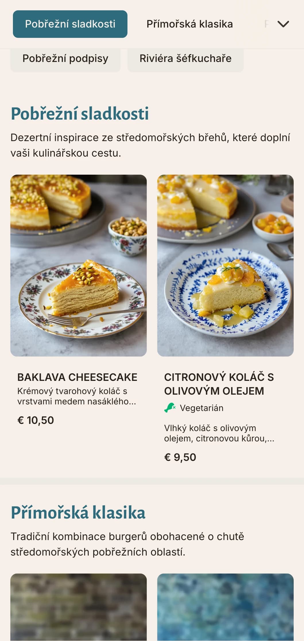 Burgerové menu inspirované pobřežím s modrými středomořskými akcenty a zaměřením na čerstvé suroviny.