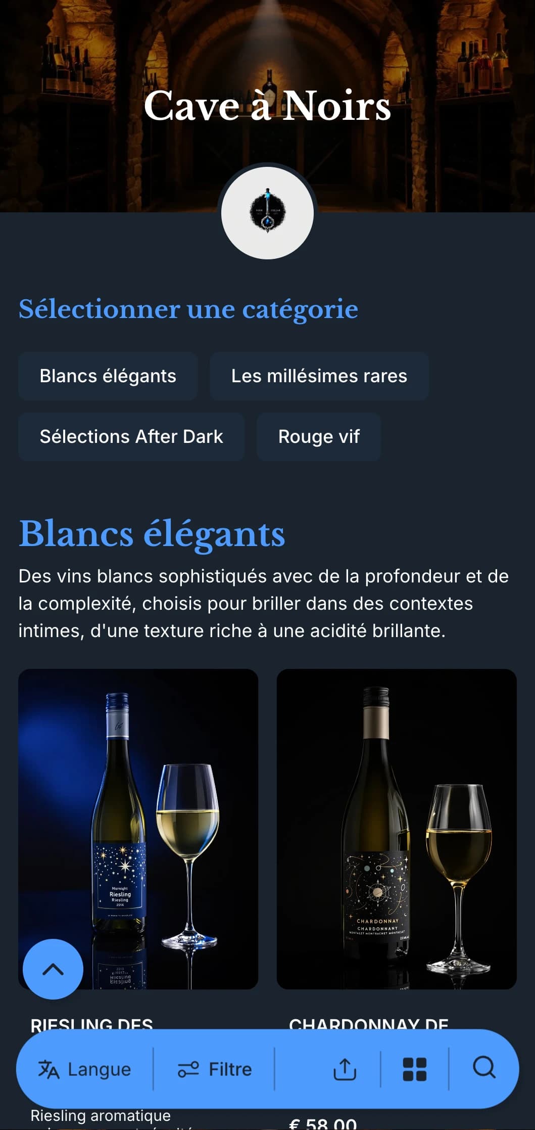 Modèle de carte des vins sophistiqué et sombre, avec des accents bleus frappants sur fond marine, idéal pour les salons de vin intimes et les soirées.