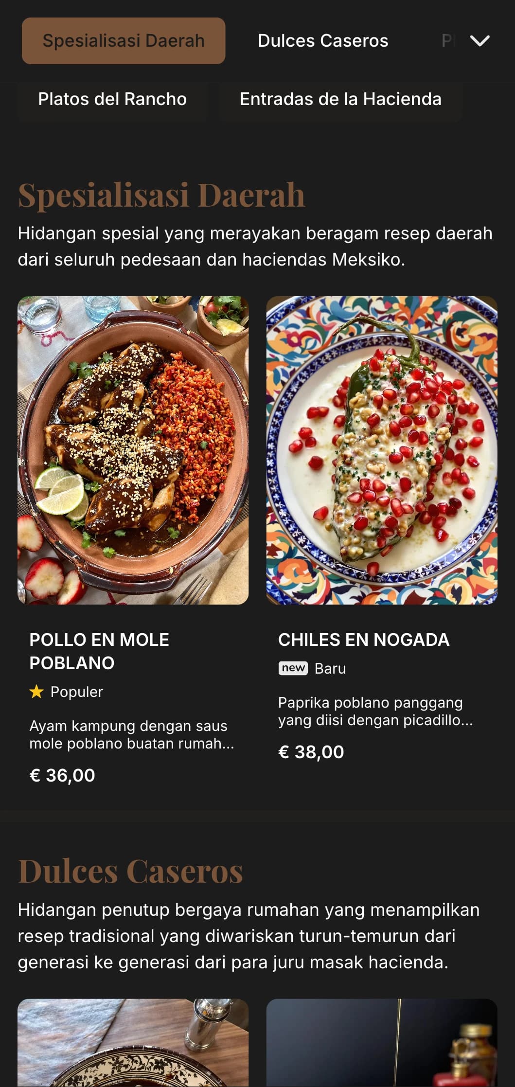 Menu bergaya hacienda Meksiko yang hangat dan pedesaan yang menampilkan tekstur kayu yang kaya, resep tradisional, dan hidangan lezat dalam suasana peternakan yang elegan.