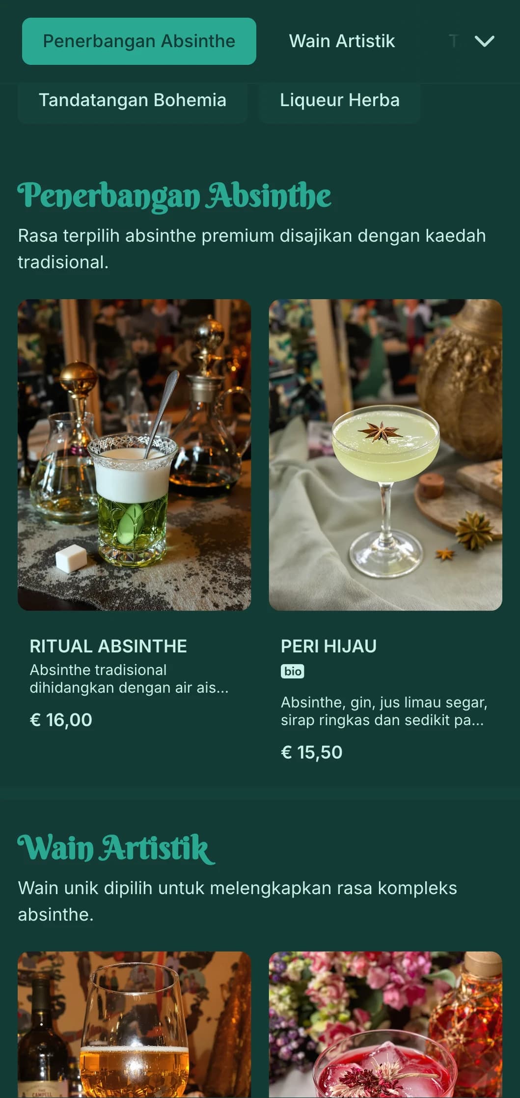 Reka bentuk hijau zamrud dengan unsur art nouveau untuk absinthe dan lounge semangat.