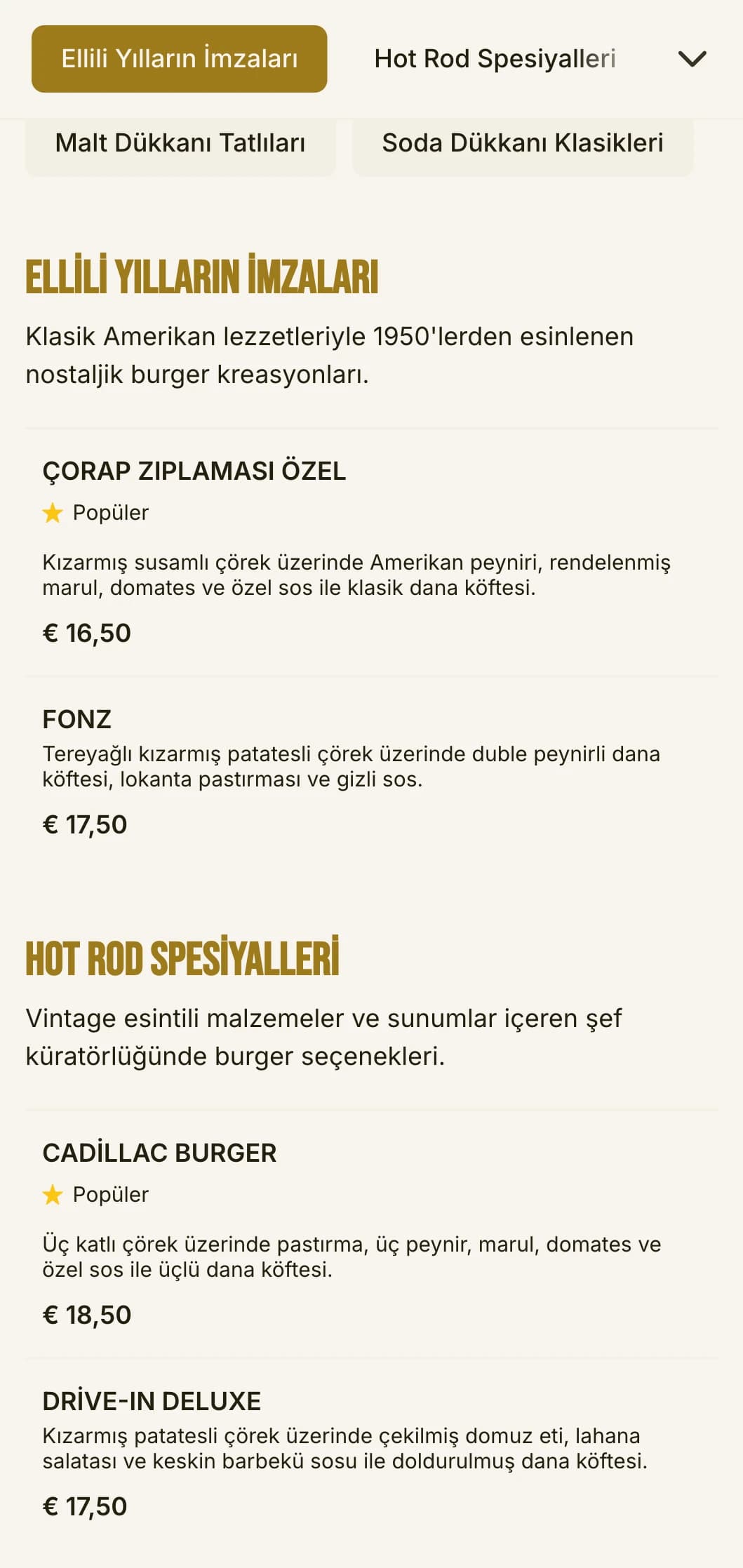 Dama tahtası desenleri ve nostaljik gazoz dükkanı öğeleriyle 1950'lerden ilham alan hamburger dükkanı.