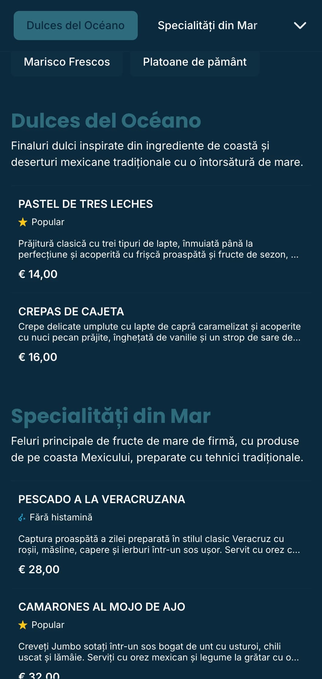 Meniu mexican de coastă, proaspăt și aerisit, cu specialități din fructe de mare, cu accente albastru azur, modele subtile de valuri și ambianță la malul mării.