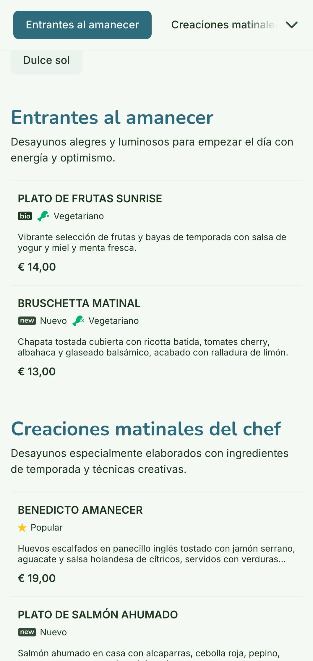 Brillante y alegre menú de desayuno con ingredientes frescos y coloridos en un ambiente de bistró informal pero refinado.