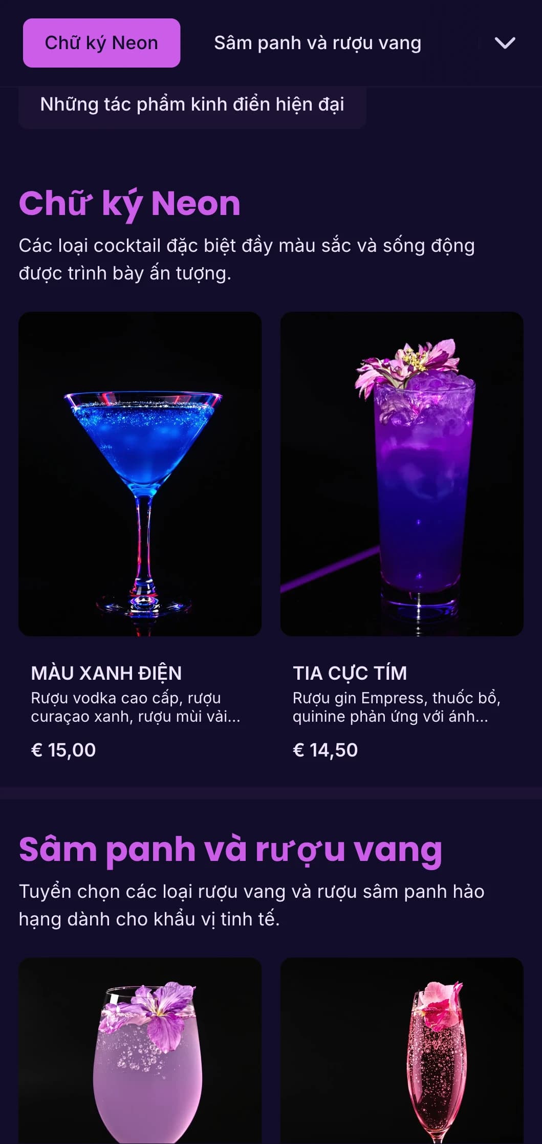 Thiết kế màu tím và tia cực tím rực rỡ dành cho các hộp đêm và quán bar cocktail thời thượng.