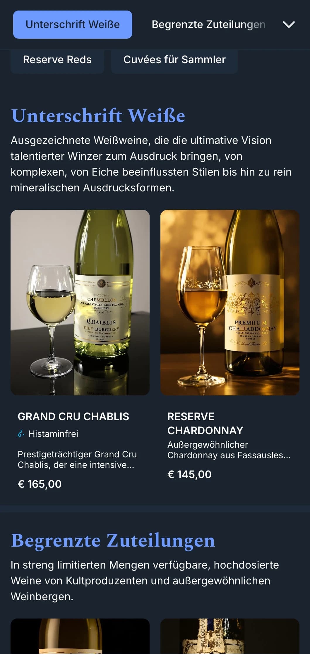 Anspruchsvolle Weinkartenvorlage mit auffälligen blauen Akzenten vor marineblauem Hintergrund, ideal für erstklassige Weinbars und Abendlokale.