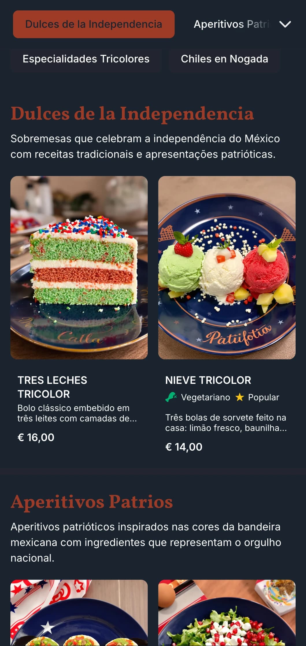 Menu patriótico e festivo que celebra a independência do México, com elementos em terracota, verde e branco e especialidades sazonais.