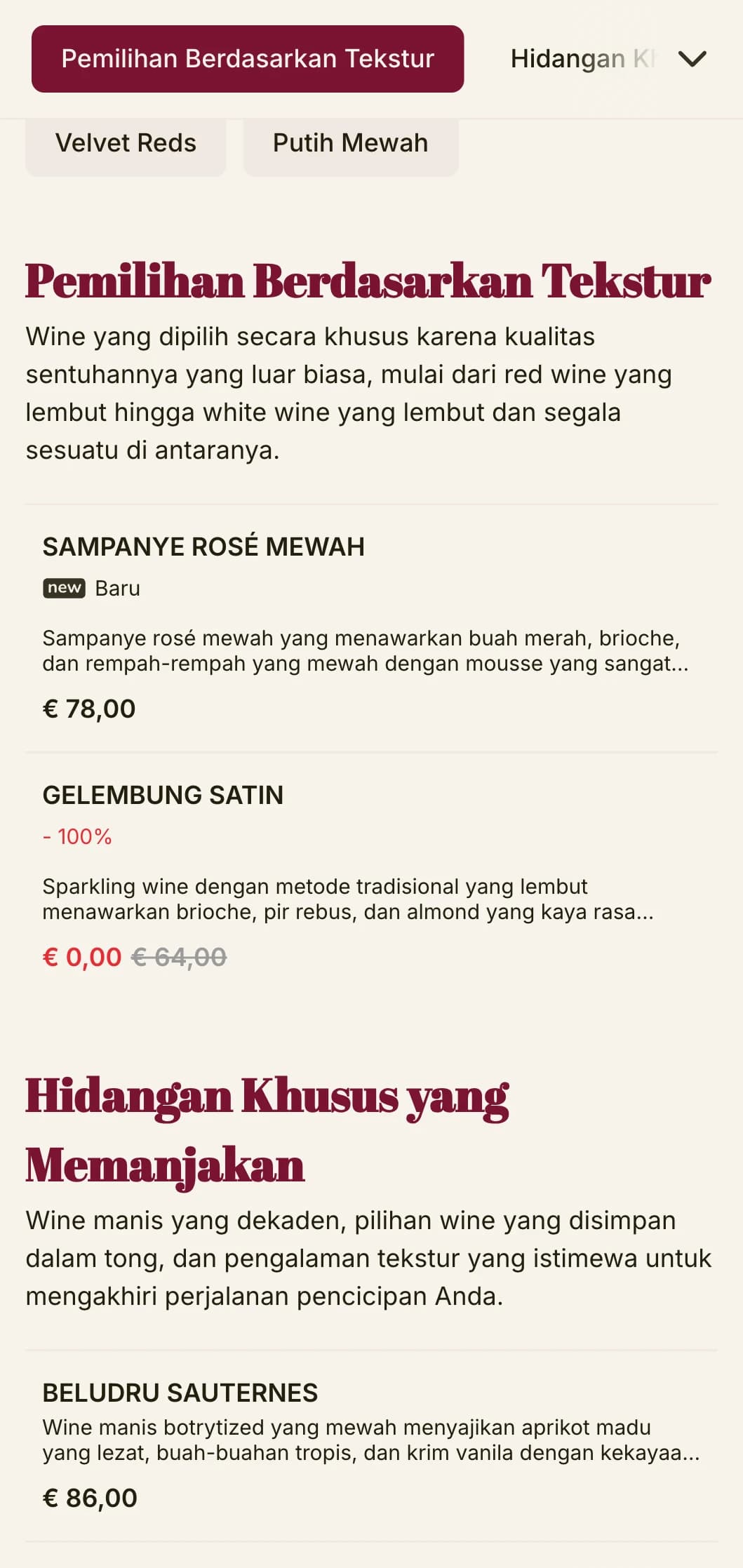 Templat daftar anggur yang sangat mewah dengan aksen merah tua dan tipografi yang canggih, ideal untuk lounge anggur kelas atas dan tempat hiburan malam.