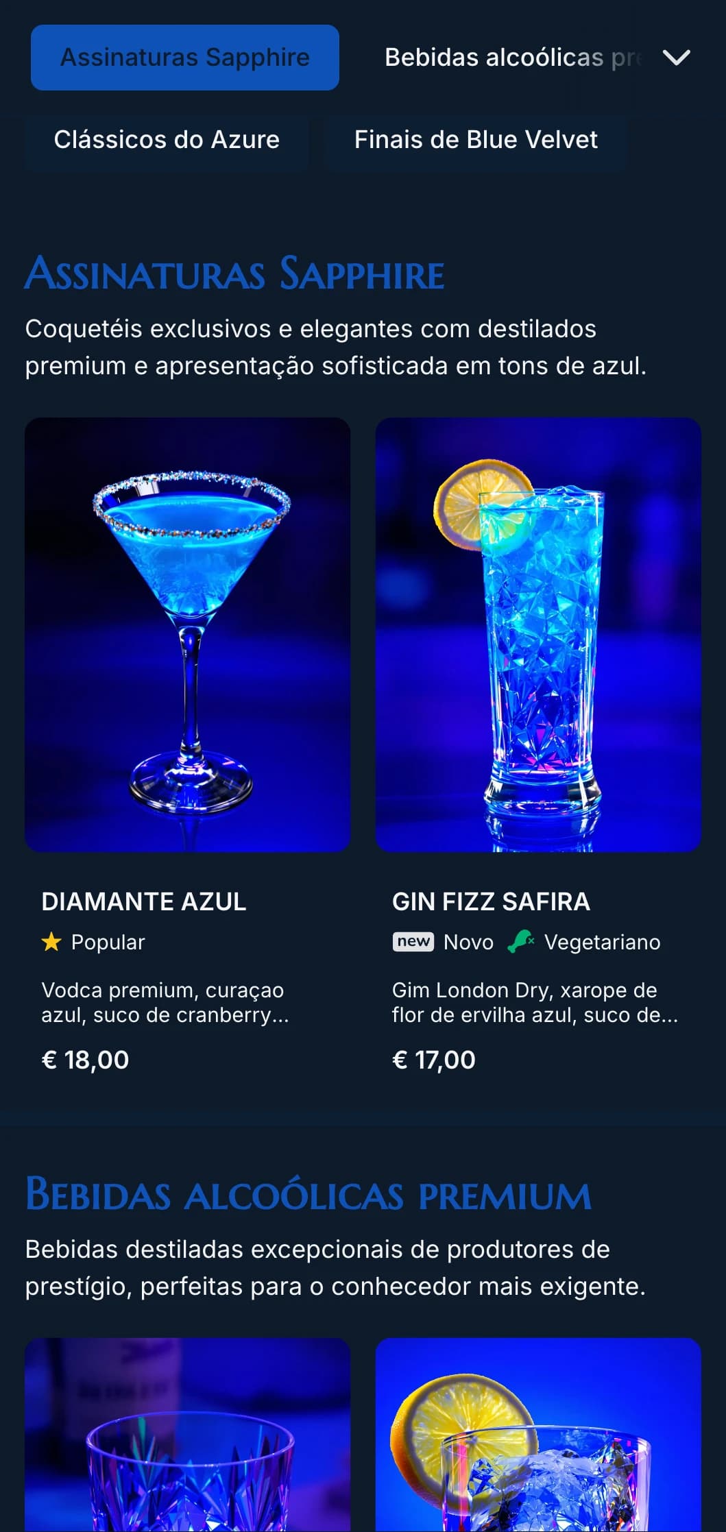 Um design luxuoso, inspirado em pedras preciosas, para salões de coquetéis de luxo com tons de azul profundo e tipografia elegante.