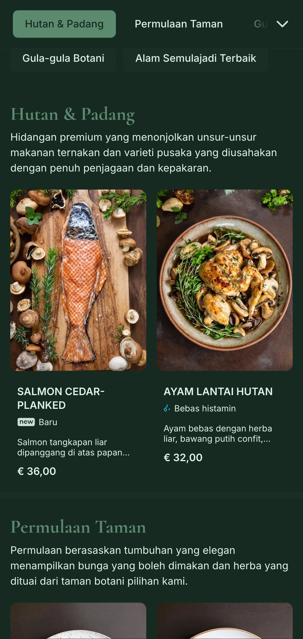 Keanggunan semula jadi yang canggih dengan pengaruh botani, sesuai untuk santapan mewah berinspirasikan dari ladang ke meja dan taman.