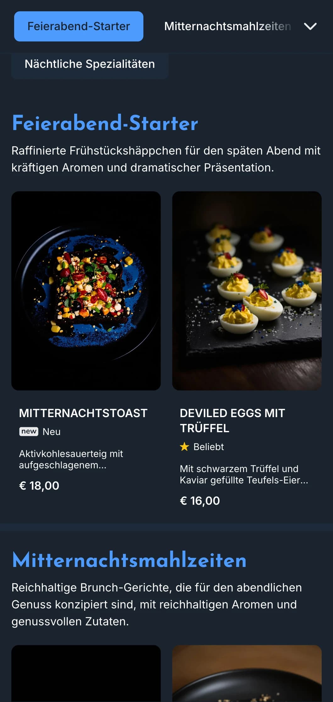 Tiefblaue Schablone mit hellen Akzenten, perfekt für Brunch-Angebote am späten Abend und Cafés nach Feierabend.