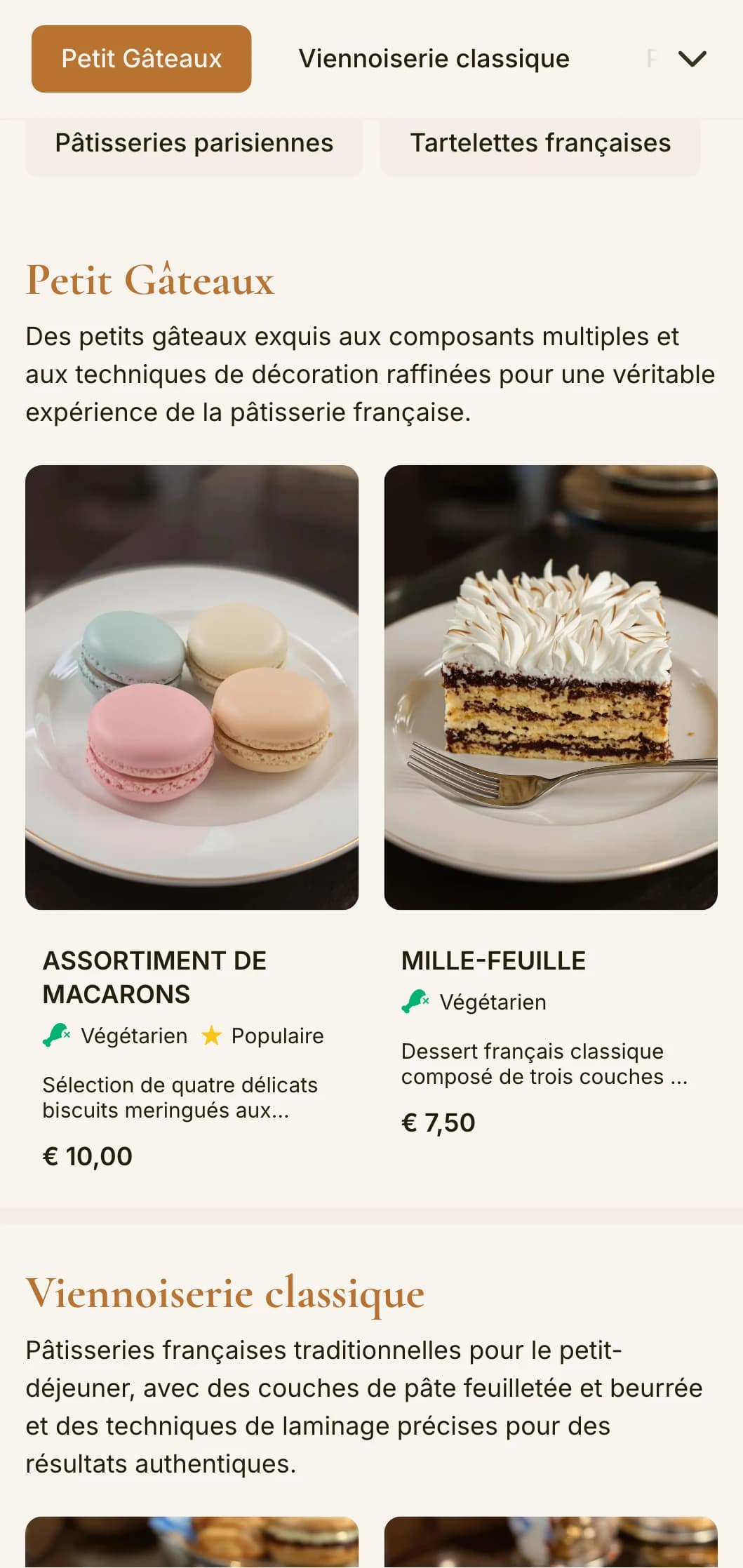 Un menu de boulangerie élégant, d'inspiration française, avec des accents cuivrés et une typographie sophistiquée, parfait pour les pâtisseries et les boulangeries-pâtisseries françaises.