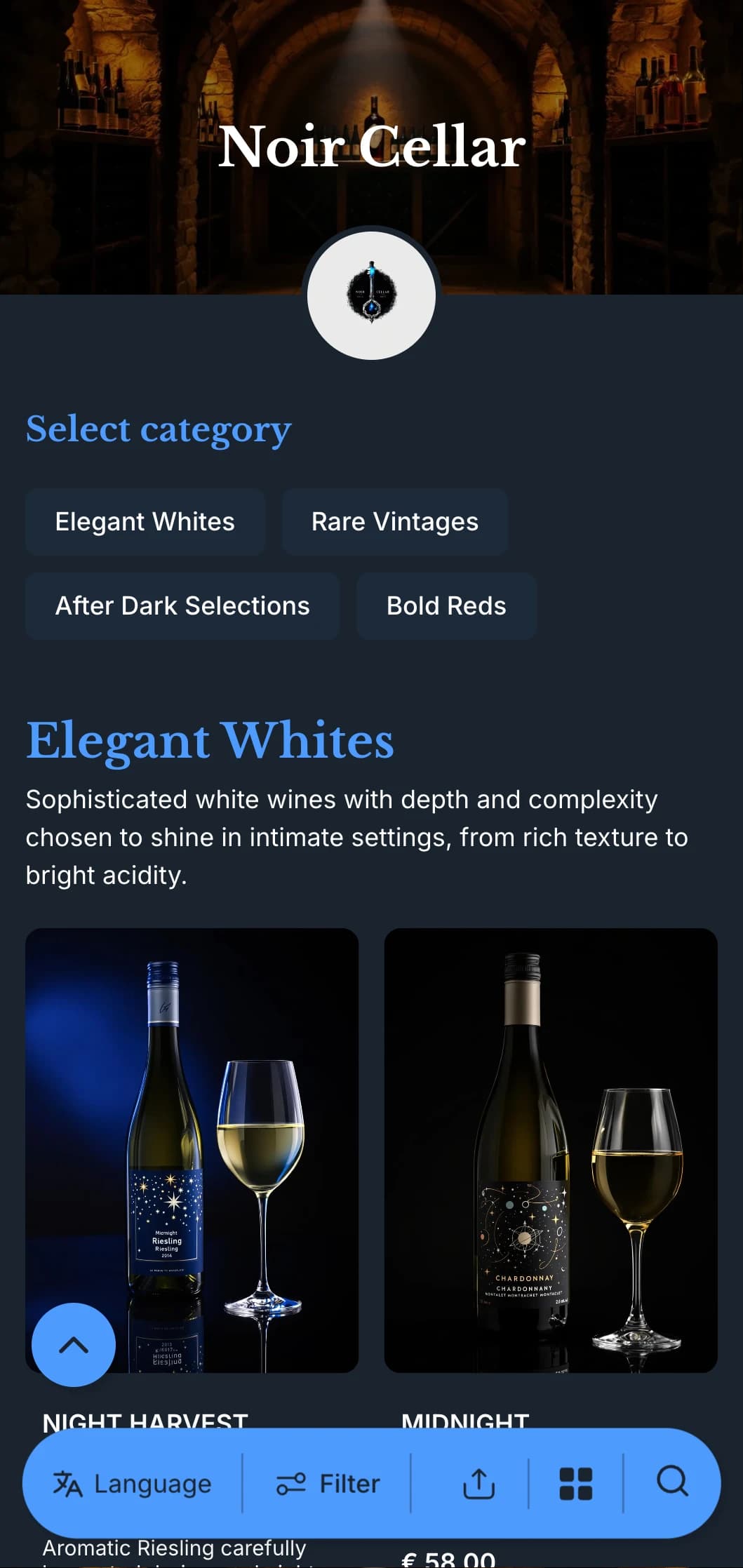 Sophisticated dark-themed wine list template with striking blue accents against deep navy backgrounds, ideal for intimate wine lounges and evening venues.