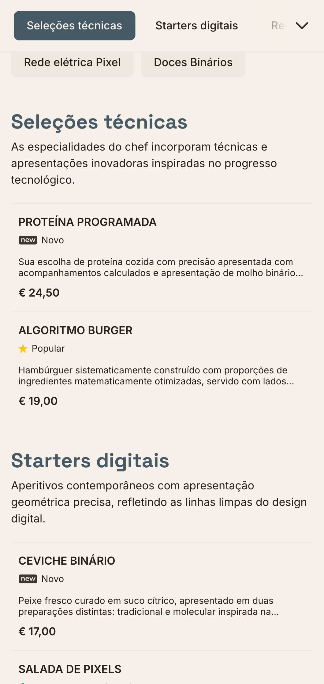 Design de cardápio de almoço de inspiração digital com estética tecnológica e layout de grade preciso, perfeito para restaurantes em distritos de inovação e próximos a empresas de tecnologia.
