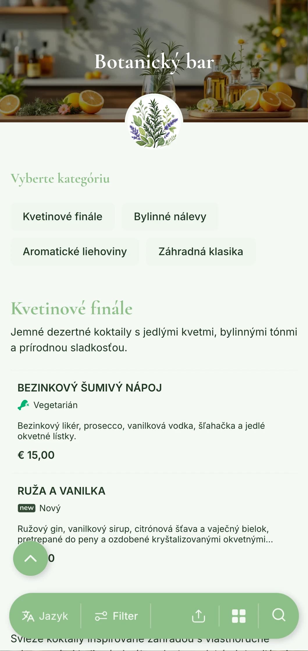 Svieži, záhradou inšpirovaný dizajn menu pre bary špecializujúce sa na bylinkové a botanické koktaily.
