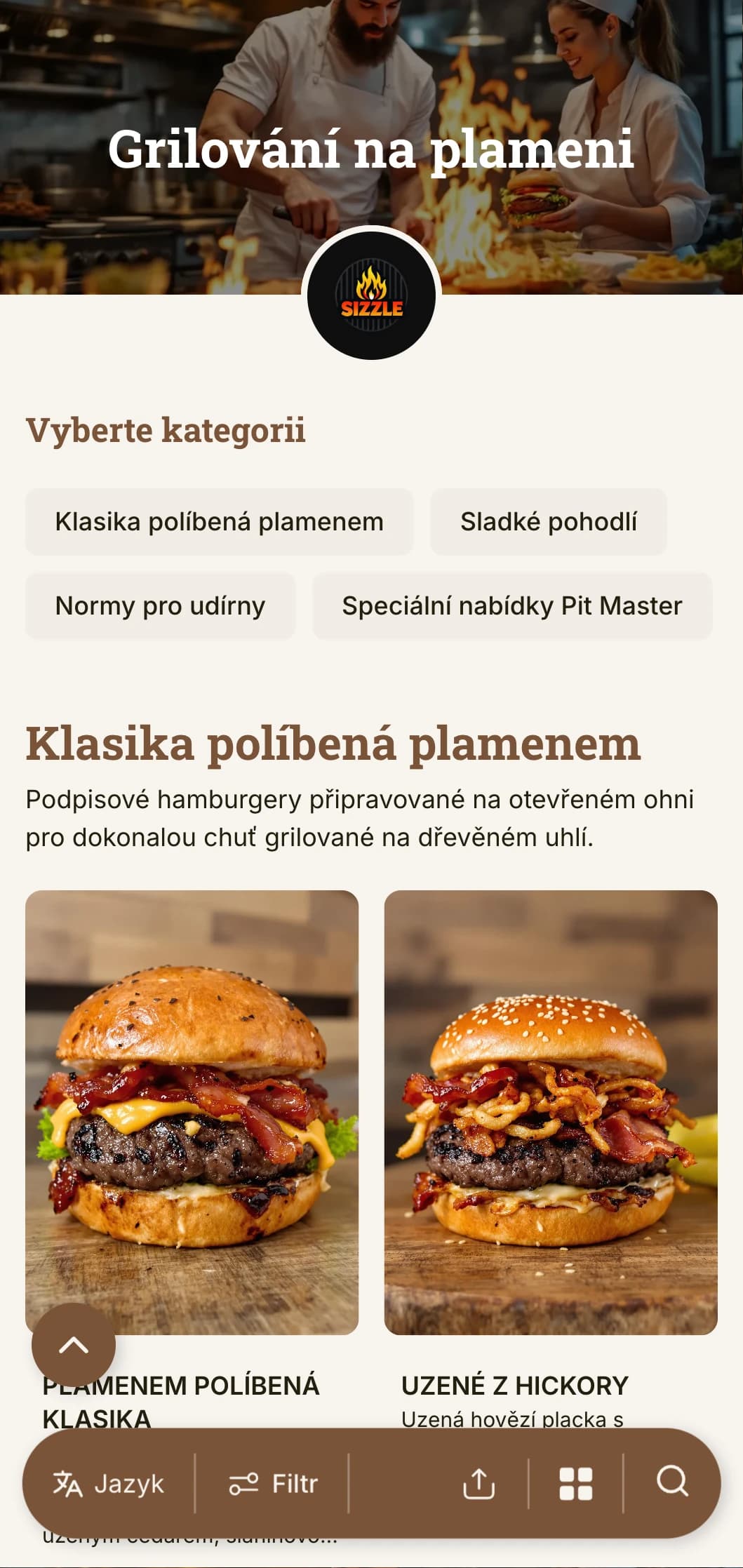 Odvážný design zaměřený na grilování s teplými tóny dřeva a akcenty plamene pro autentický zážitek z burgerů grilovaných na dřevěném uhlí.