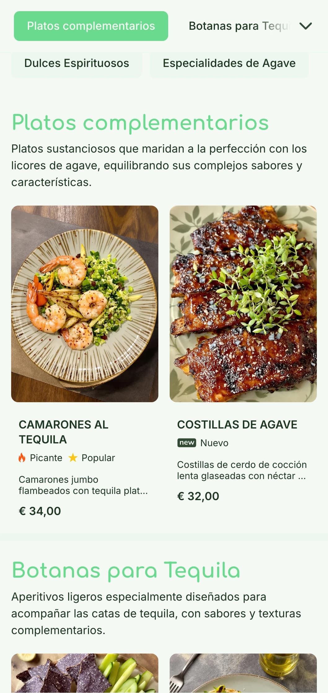 Fresco y sofisticado menú de bar de tequila con acentos de agave verde brillante, elementos botánicos y vuelos de bebidas espirituosas de primera calidad con bocados maridados.