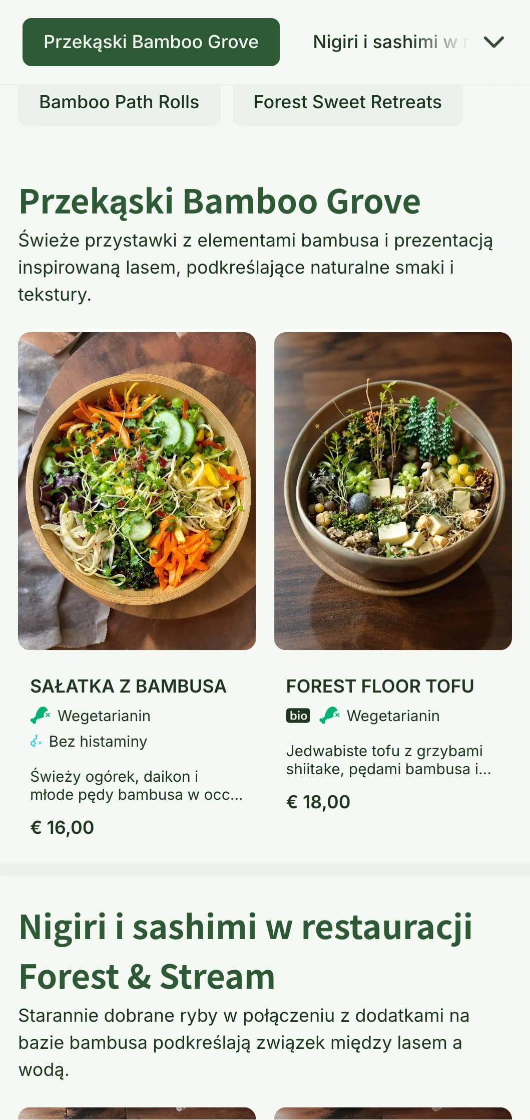 Naturalne, inspirowane bambusem menu sushi z leśnymi odcieniami zieleni i organicznymi elementami dla autentycznych lokali.