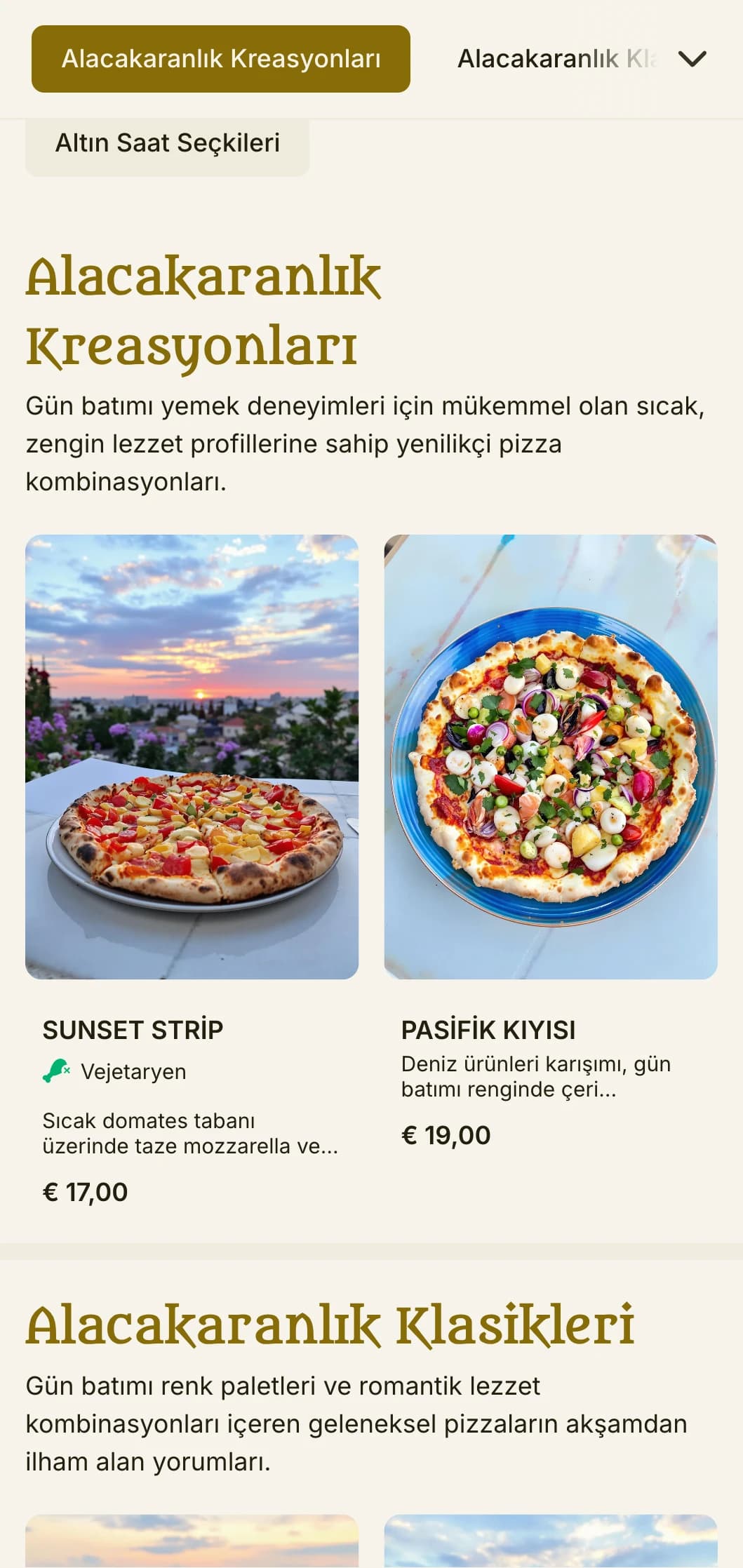 Gün batımı renk paleti ve romantik öğeler içeren canlı akşam temalı pizza menüsü.