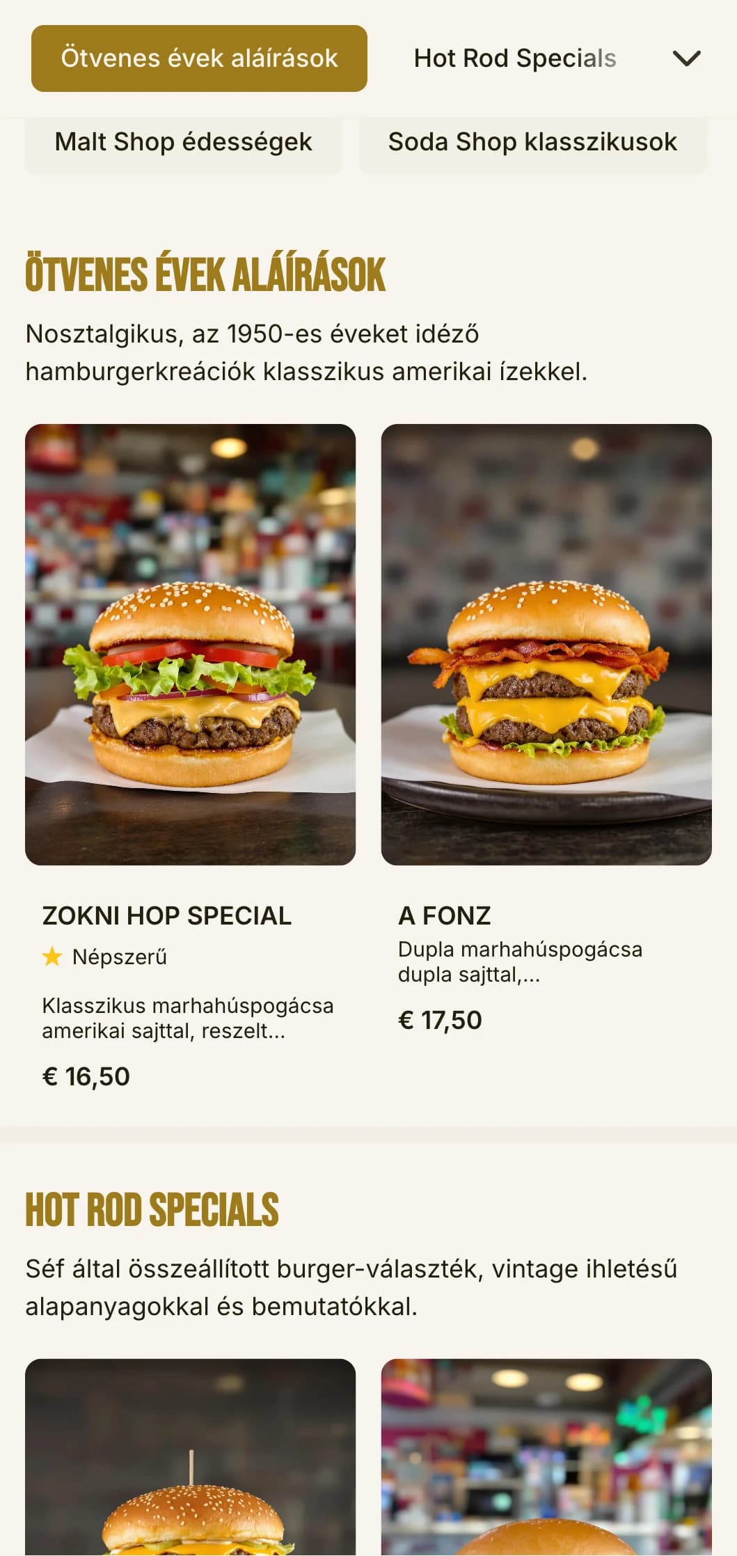 Az 1950-es évek ihlette hamburgerbolt kockás táblával és nosztalgikus üdítőbolt elemekkel.