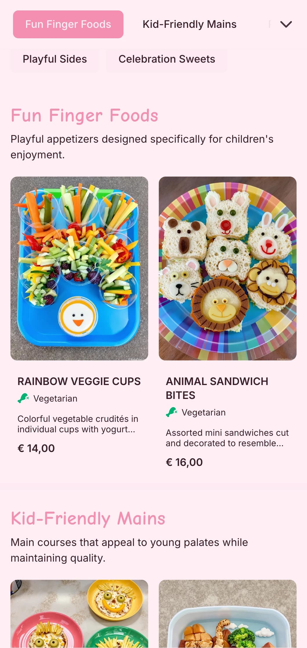Fun, colorful catering designed specifically for children's events with playful presentation, kid-friendly options, and interactive food stations.