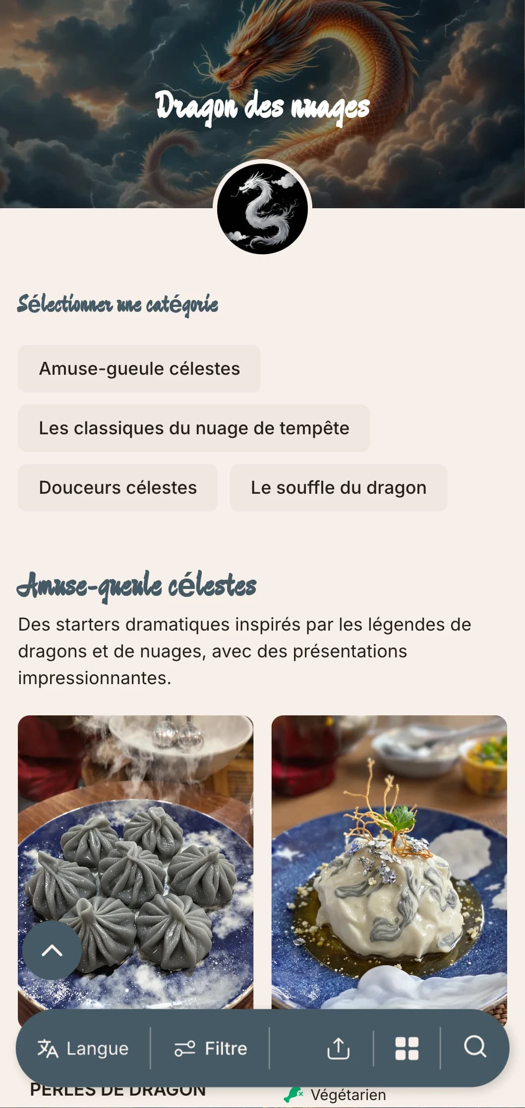 Un menu chinois dramatique avec des motifs de nuages et de dragons, avec des éléments puissants pour une cuisine impériale authentique.