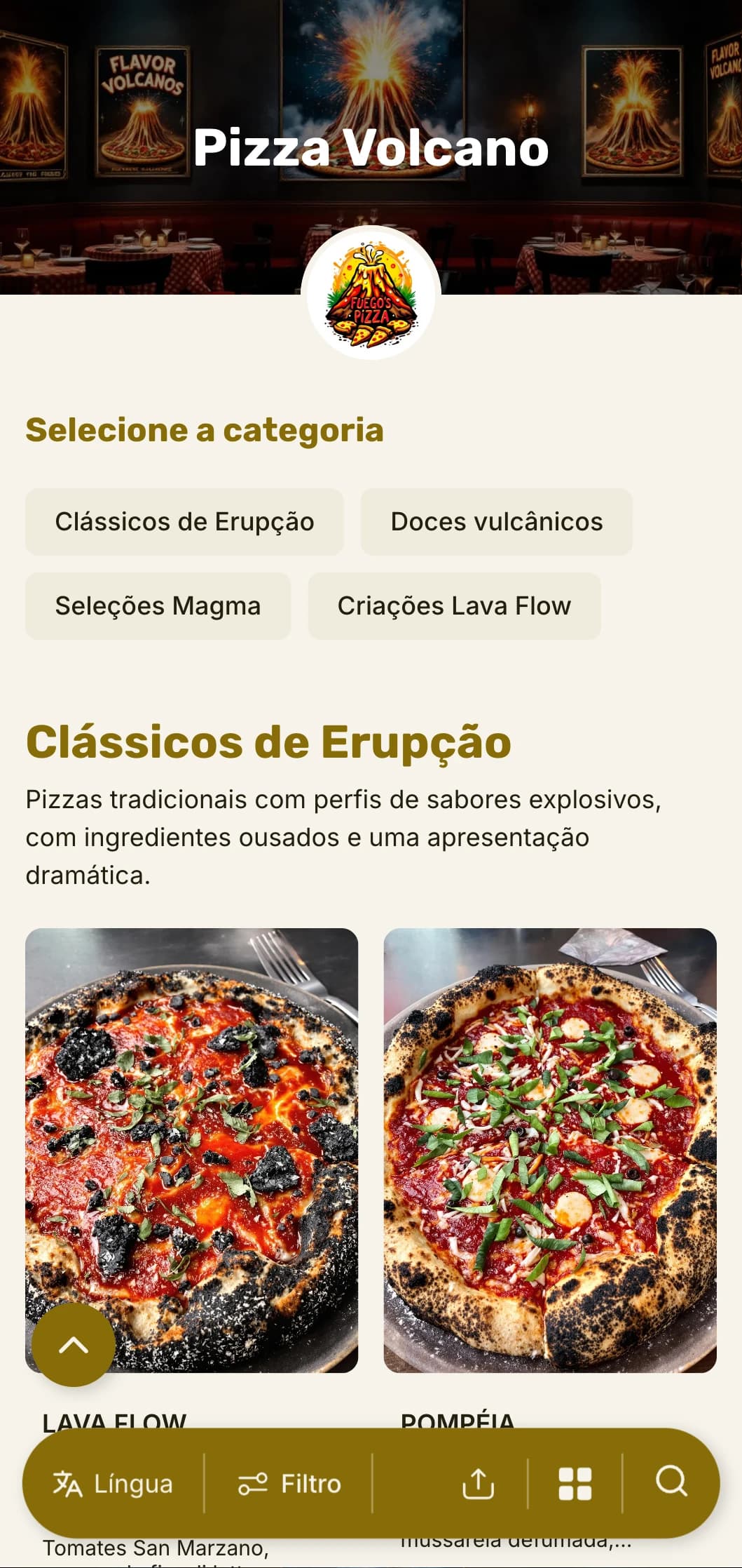 Cardápio de pizzas arrojado e atraente, com hierarquia visual dramática para pizzarias aventureiras.