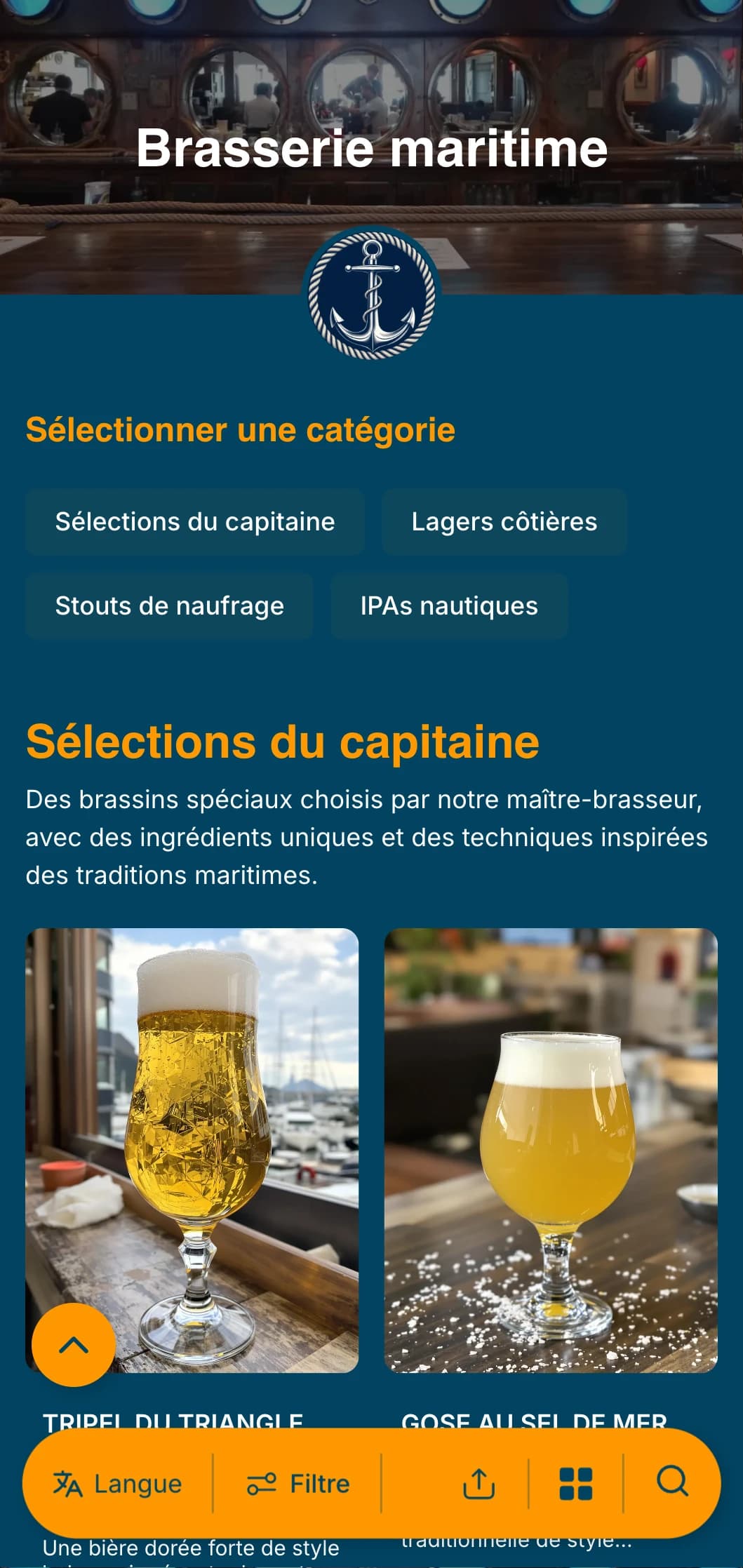 Modèle à thème nautique avec des tons bleu marine et des éléments marins, parfait pour les brasseries côtières et les pubs portuaires.