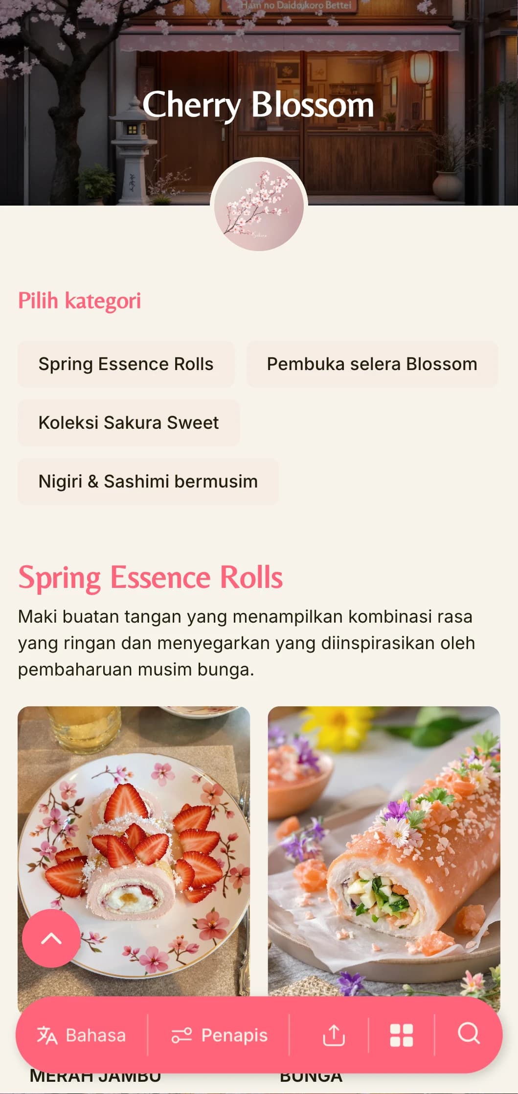 Menu sushi berinspirasikan musim bunga yang halus menampilkan aksen bunga sakura merah jambu lembut dengan latar belakang krim hangat.