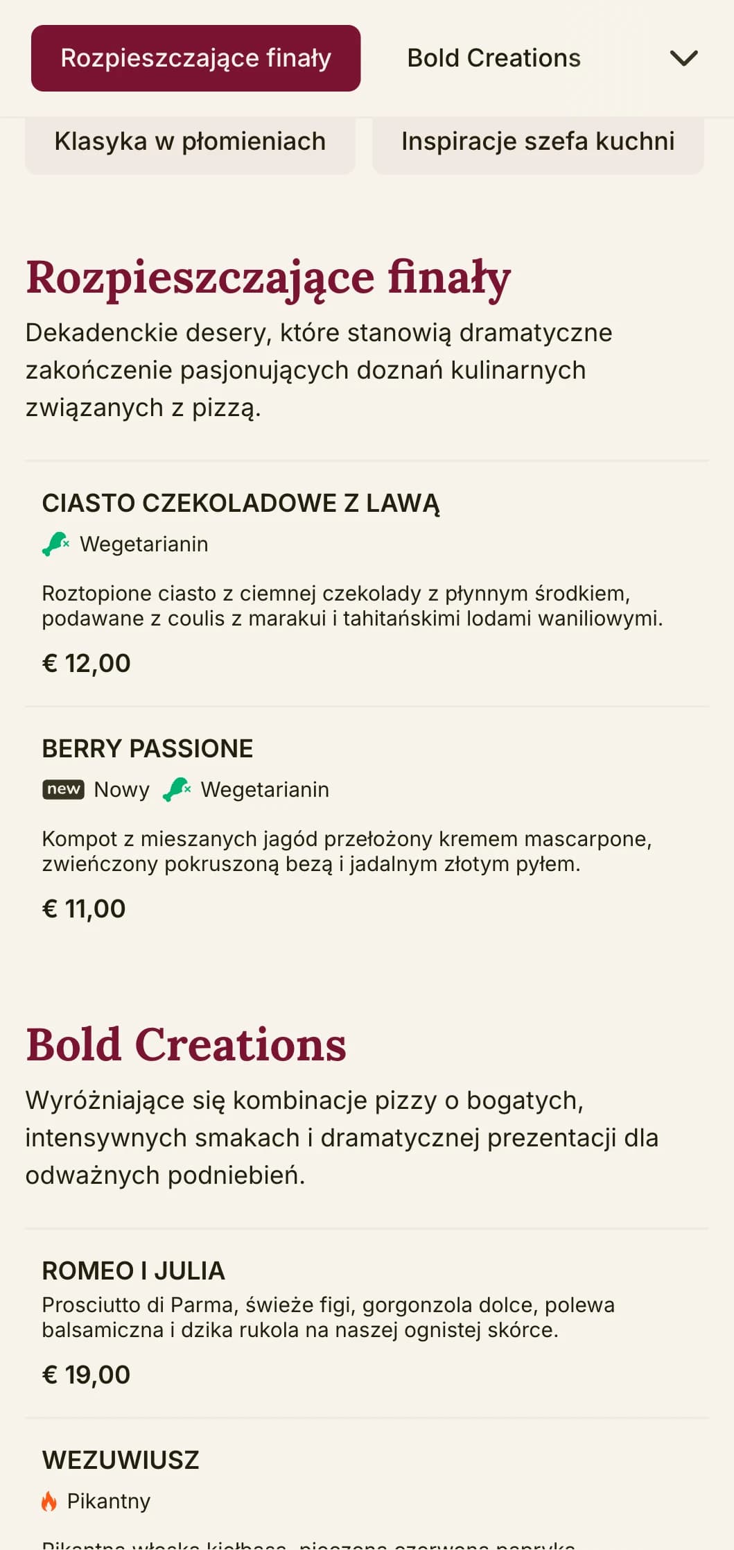 Odważny i pełen pasji projekt menu pizzy z bogatą kolorystyką i elementami teatralnymi dla pizzerii o wyrazistym charakterze.