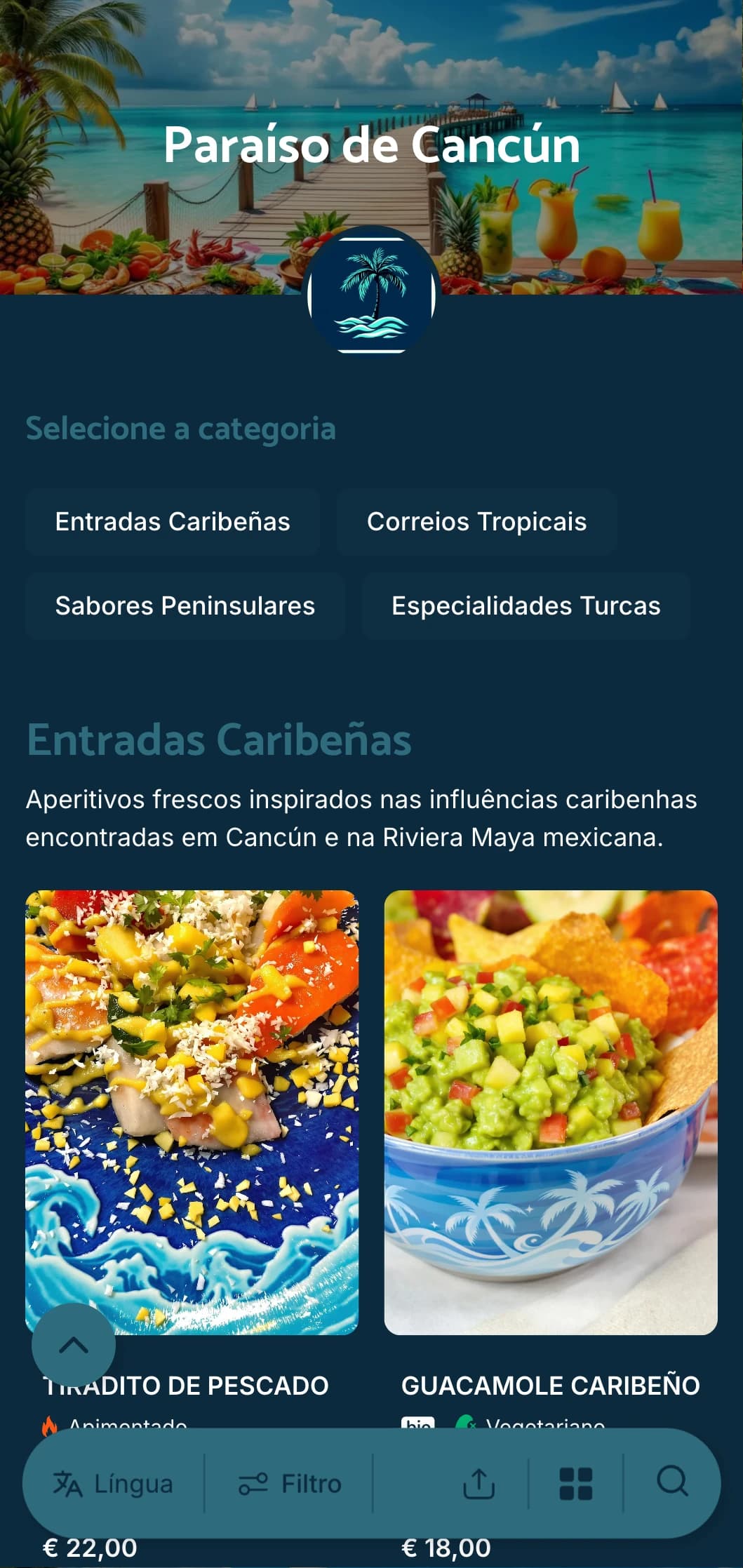 Menu brilhante e refrescante do resort em Cancún, com toques de água turquesa, culinária à beira-mar e pratos inspirados nas férias.
