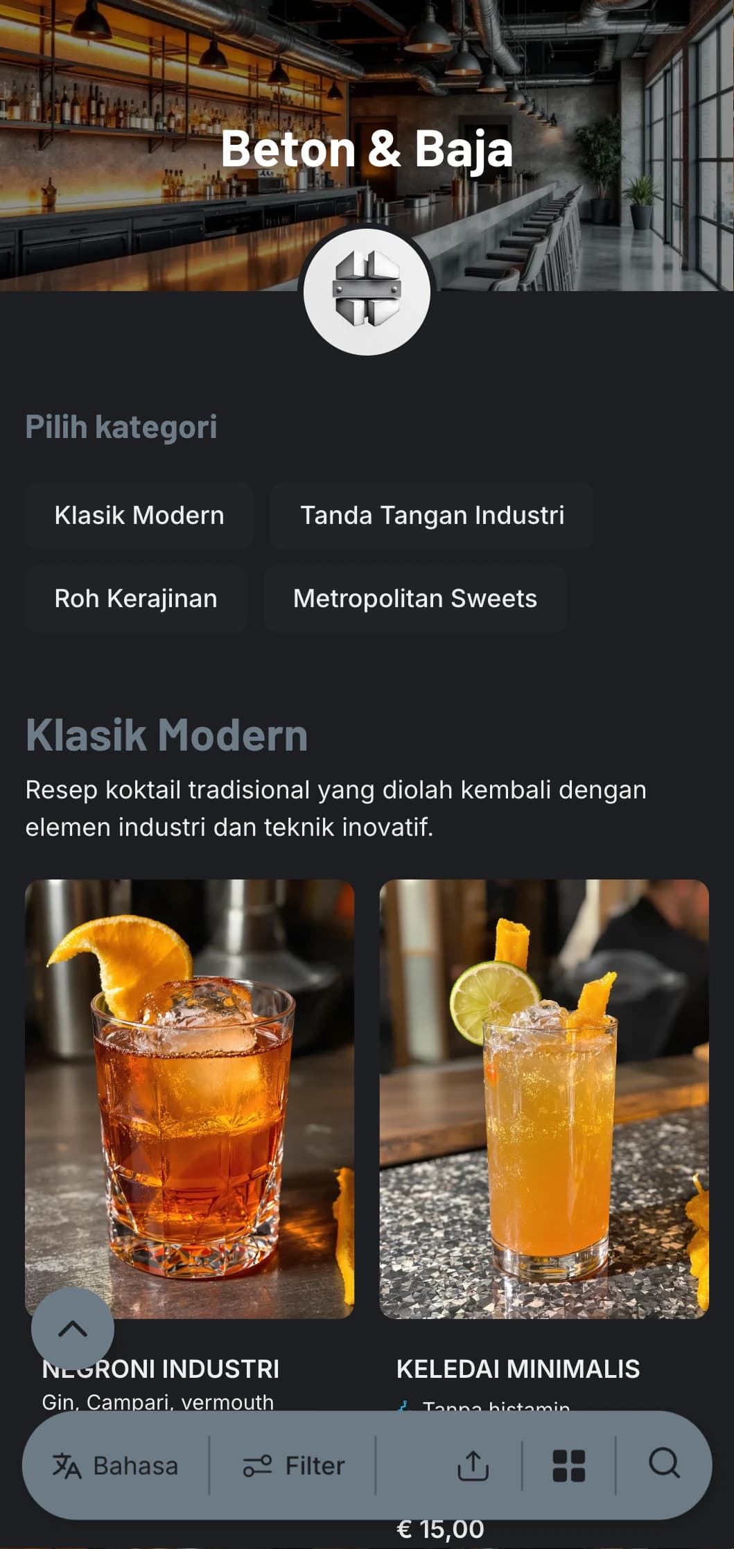Desain urban industrial untuk bar kontemporer yang menampilkan tekstur beton dan elemen baja dengan tipografi yang bersih.