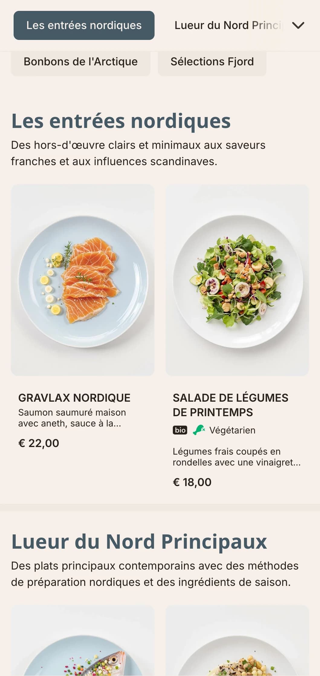 Un menu clair et épuré aux influences scandinaves et aux accents bleu pâle, parfait pour une cuisine d'inspiration nordique.