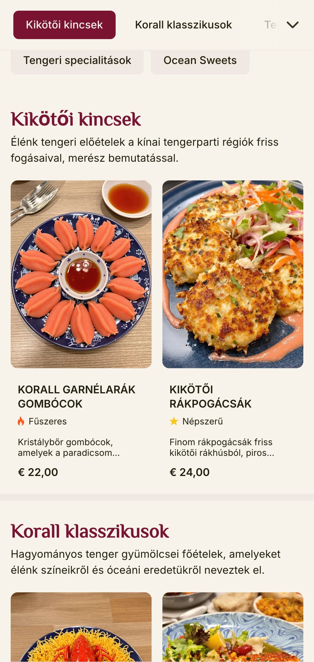 Élénk kínai menü design, amelyet a korall és a kikötő esztétikája ihletett, merész színekkel a tenger gyümölcsei éttermek számára.