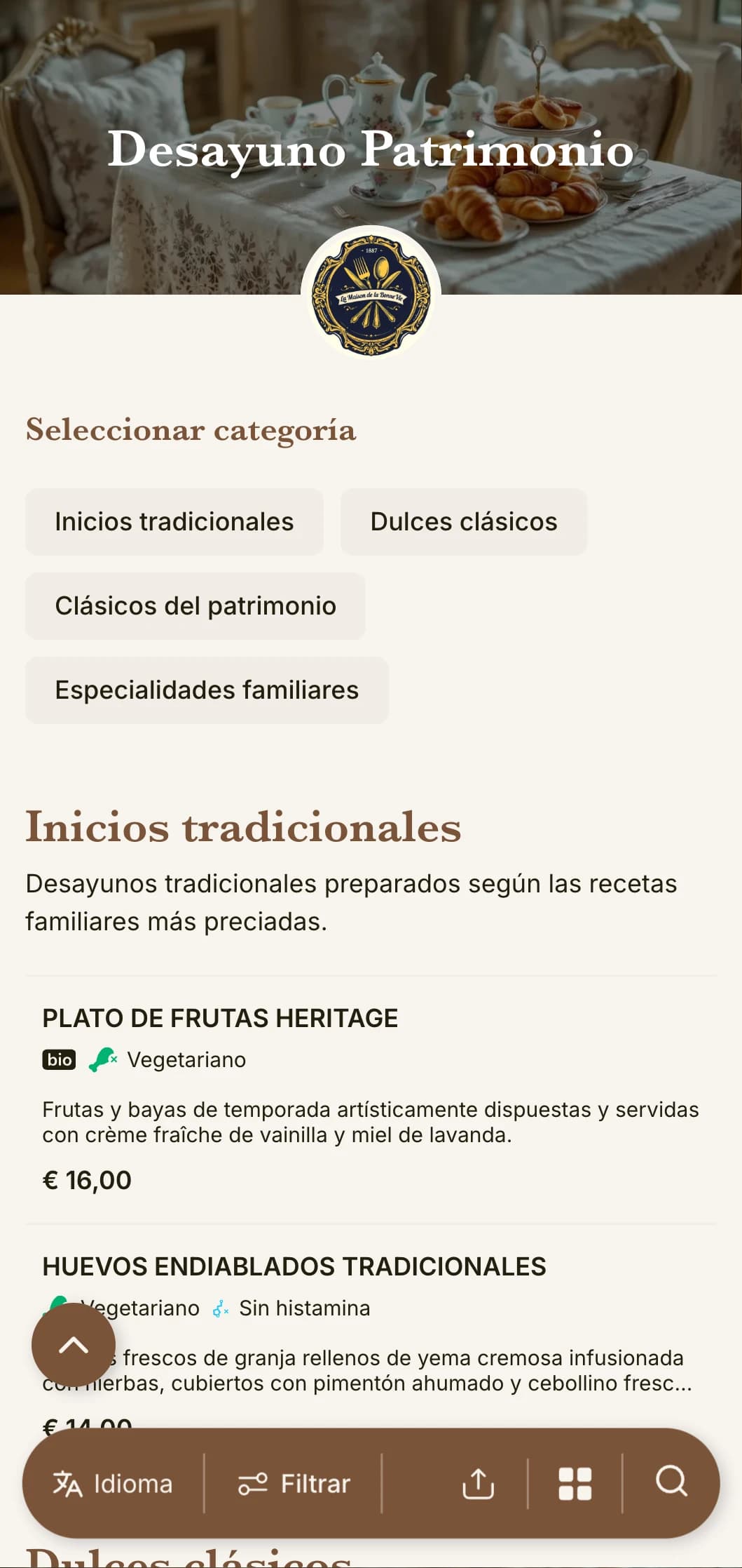 Desayunos tradicionales inspirados en recetas familiares atemporales y técnicas culinarias clásicas.
